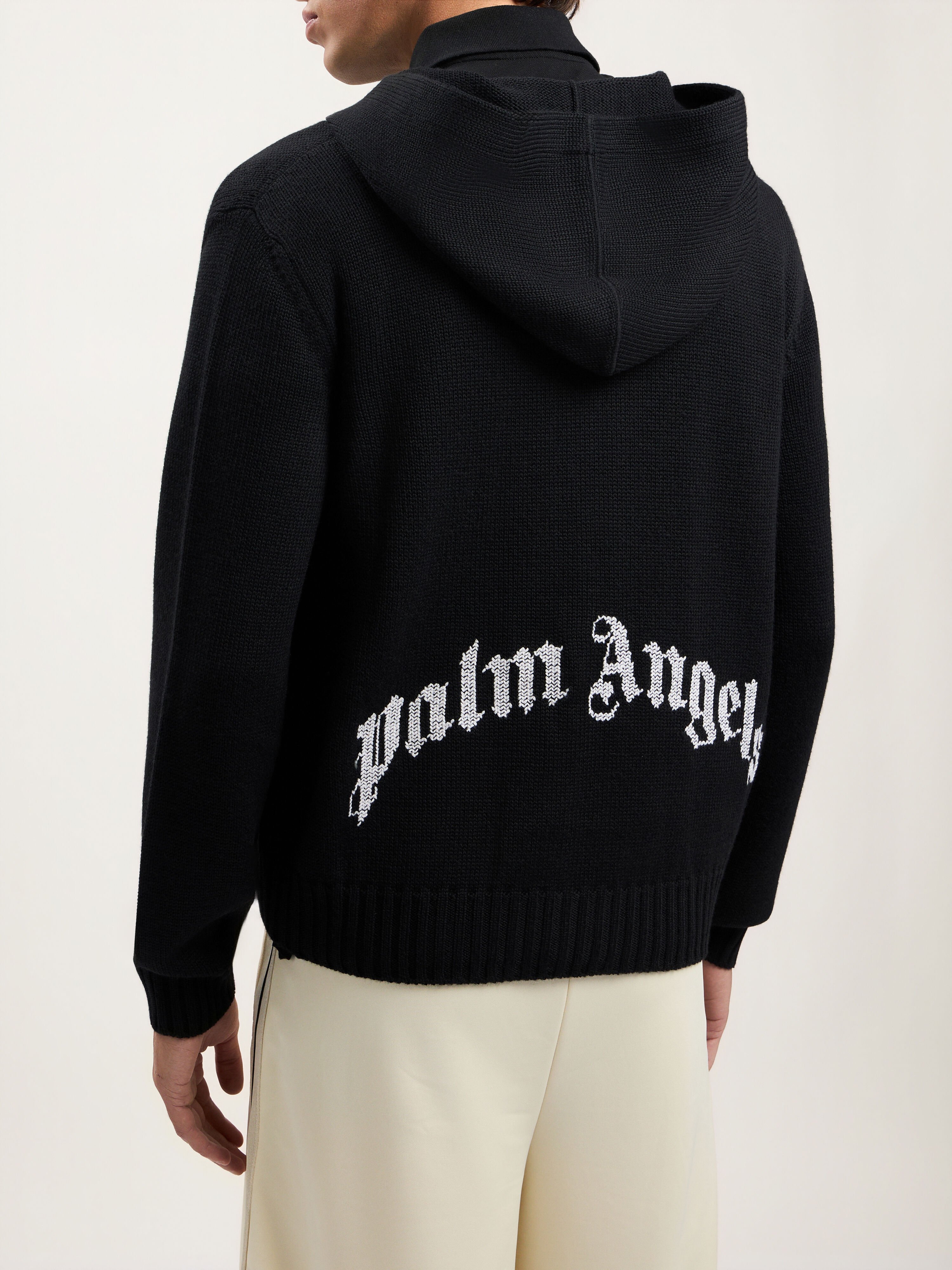 PALM ANGELS Curved Logo Knit Hoodie BLACK OFF WHITE PMHU02CS26KNI001