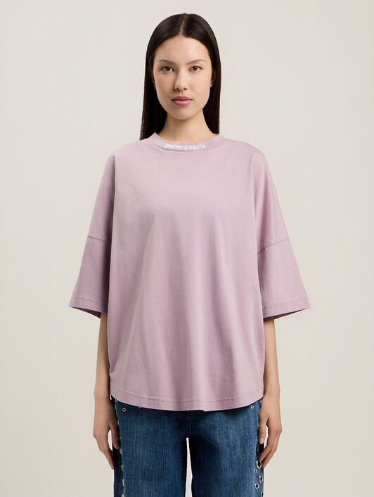 PALM ANGELS Dripping Curved Logo Over T-Shirt LILAC OFF WHITE PWAA07CS26JER001