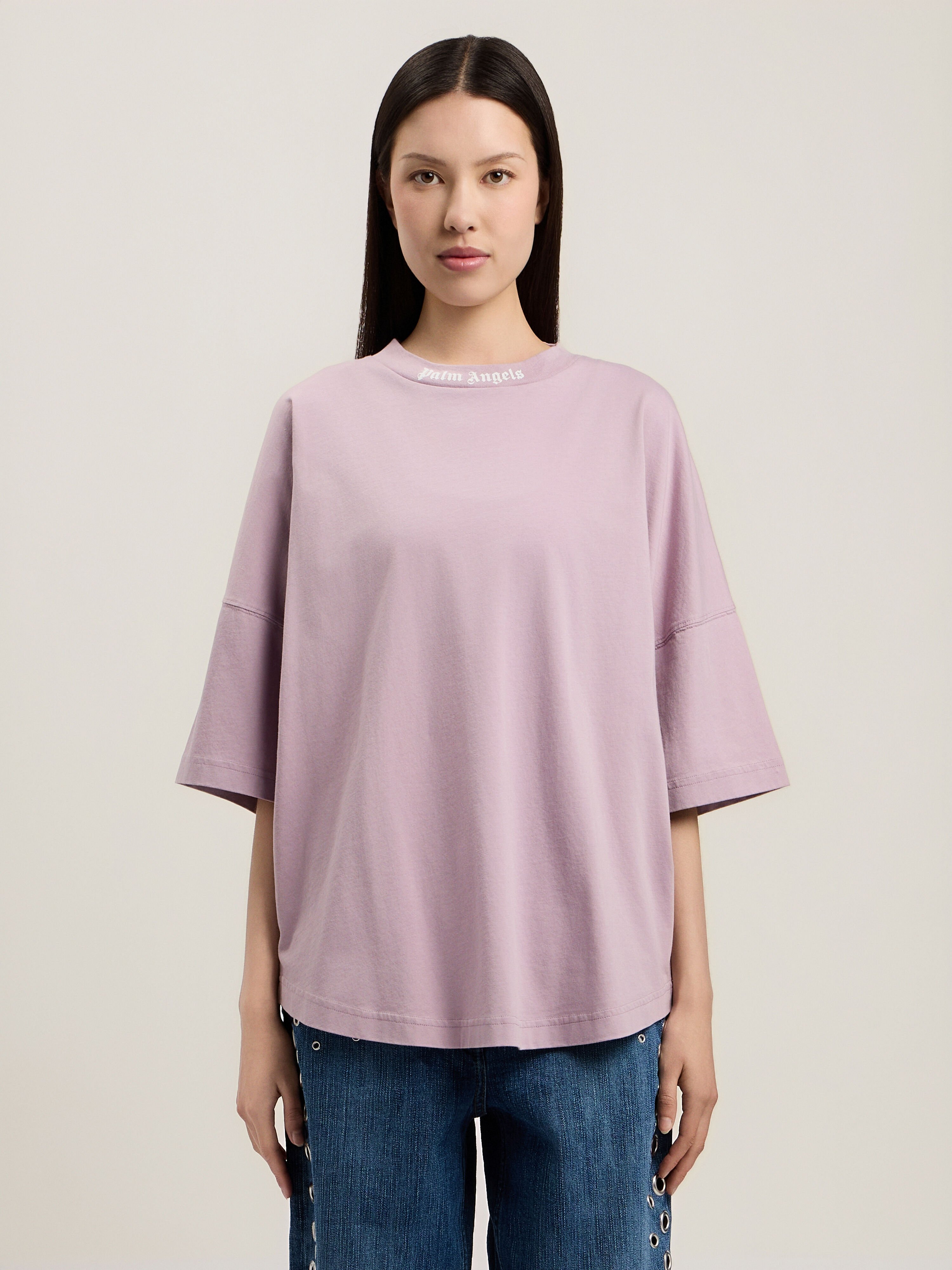 PALM ANGELS Dripping Curved Logo Over T-Shirt LILAC OFF WHITE PWAA07CS26JER001