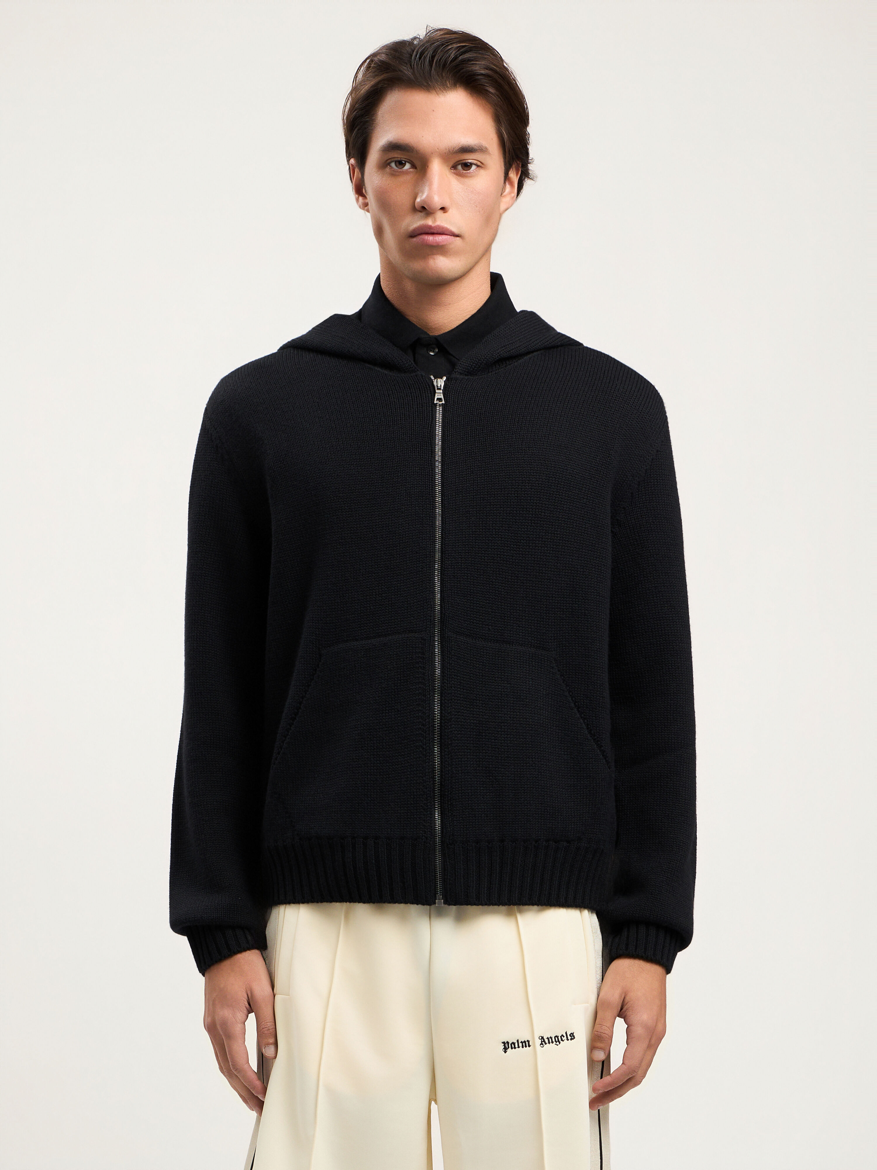 Curved Logo Knit Hoodie in BLACK OFF WHITE for Men | Palm Angels®