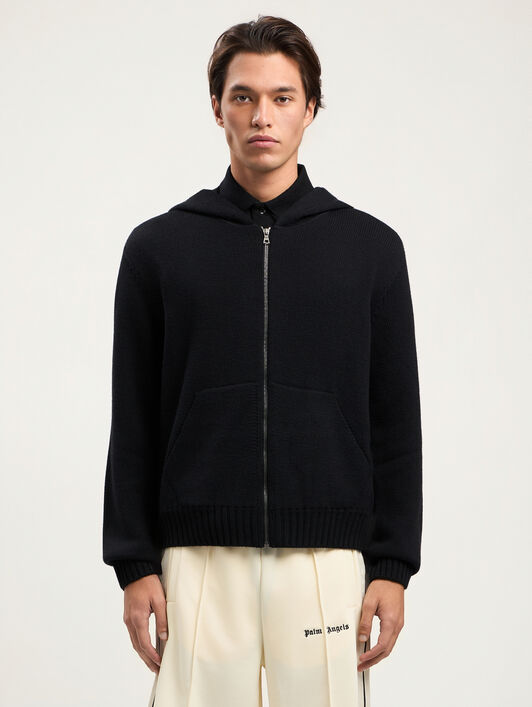 PALM ANGELS Curved Logo Knit Hoodie BLACK OFF WHITE PMHU02CS26KNI001