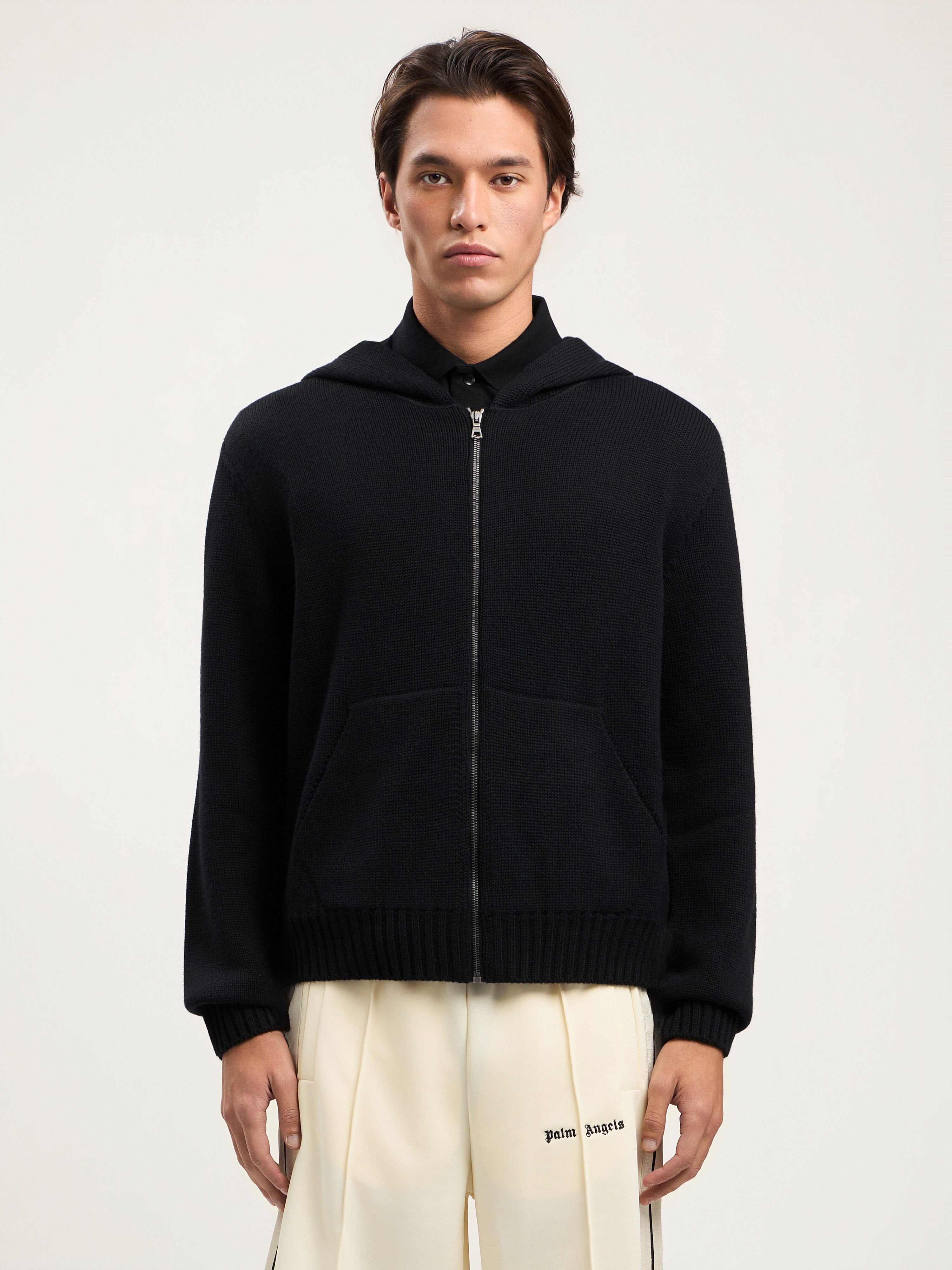 PALM ANGELS Curved Logo Knit Hoodie BLACK OFF WHITE PMHU02CS26KNI001