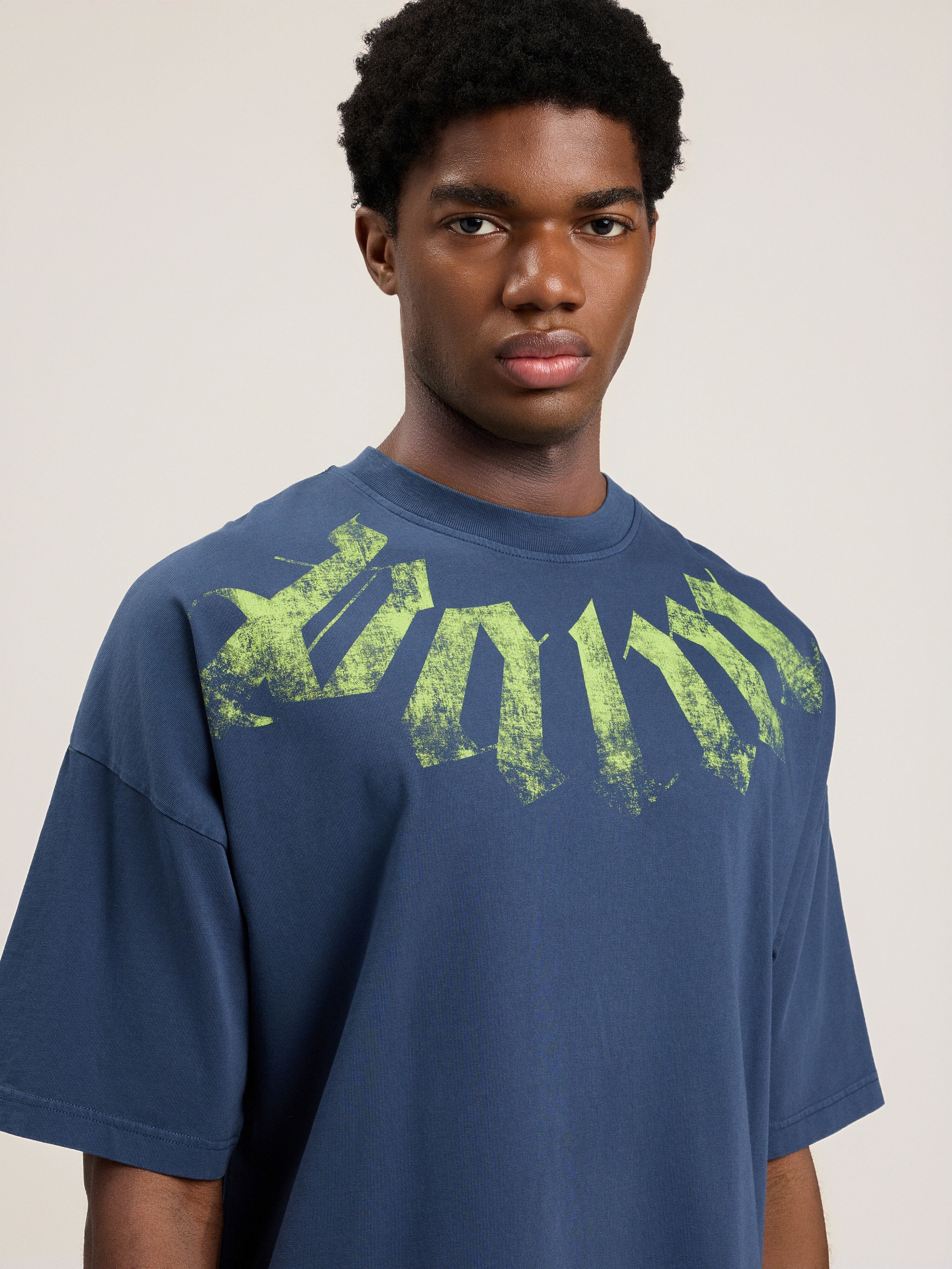 PALM ANGELS Big Neck Logo Loose T-Shirt NAVY BLUE LIME PMAA10DS26JER002
