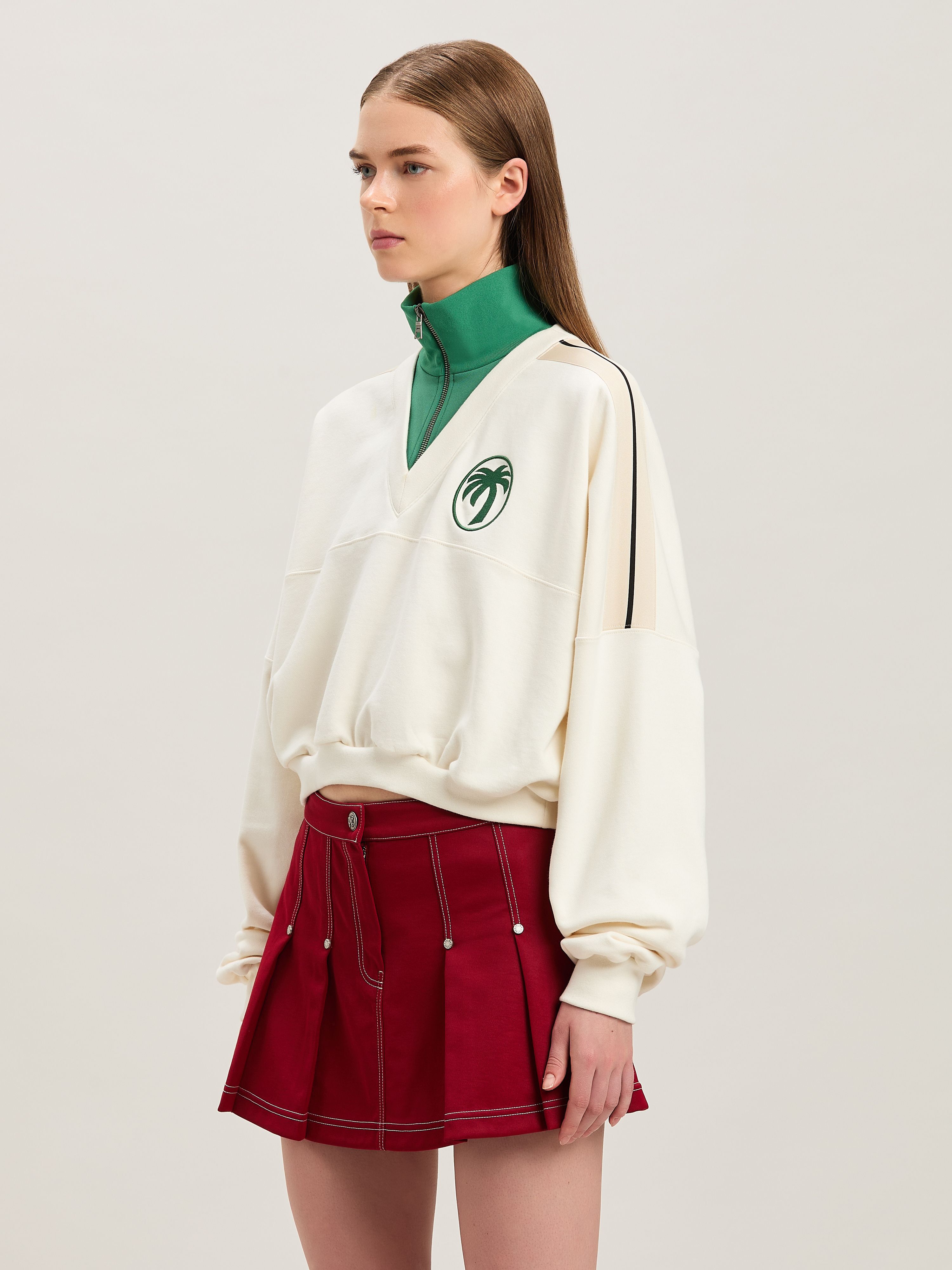 PALM ANGELS  Oval Palm Sweatshirt OFF WHITE - FOREST GREEN PWBA055S25FLE001