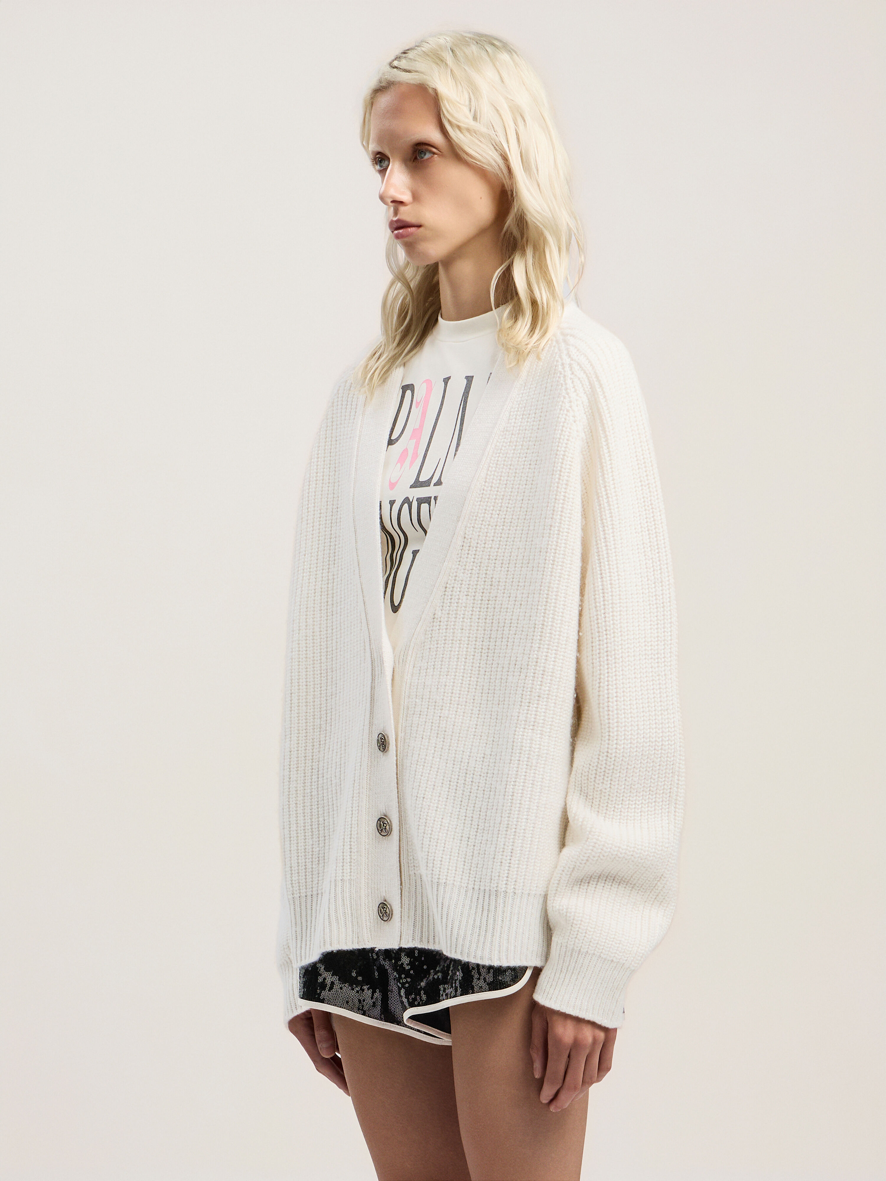 PALM ANGELS Curved Logo Ribbed Cardigan OFF WHITE - PINK PWHB045F25KNI001