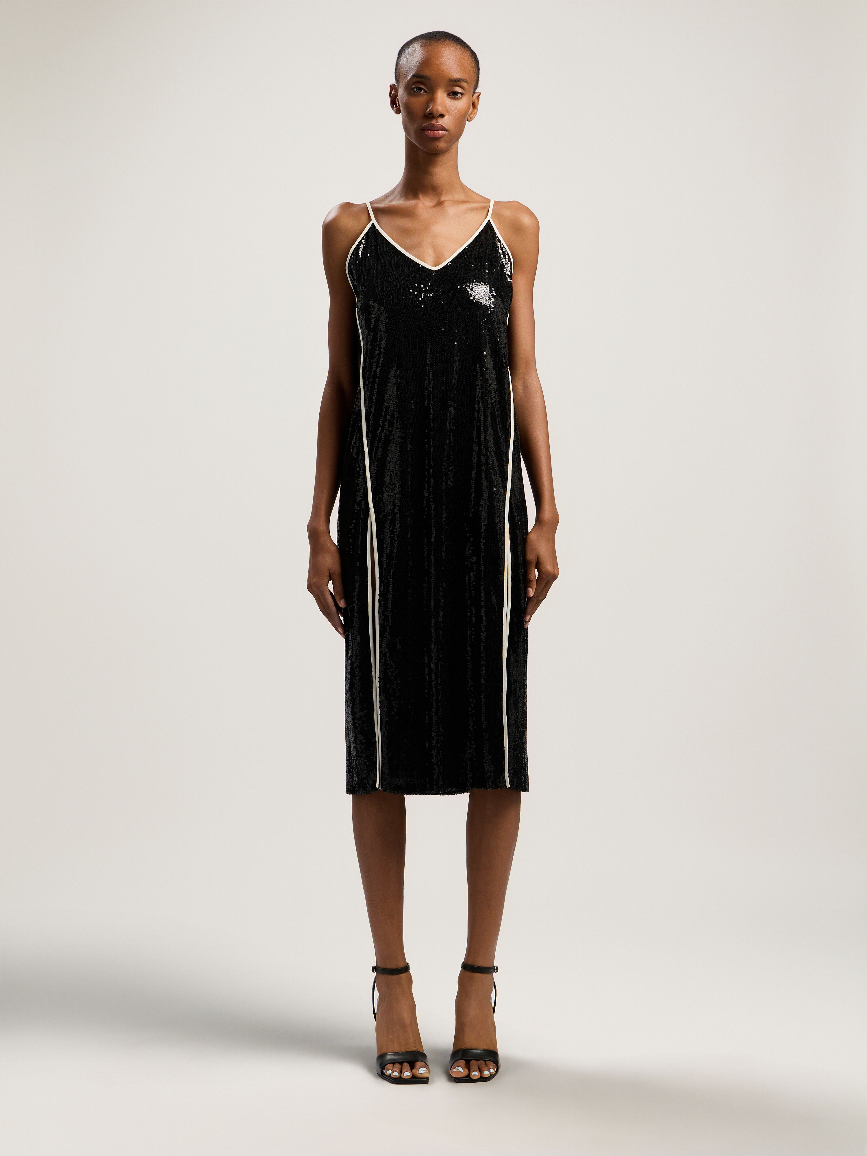 PALM ANGELS Curved Logo Sequin Slip Dress BLACK - OFF WHITE PWDJ009F25FAB001