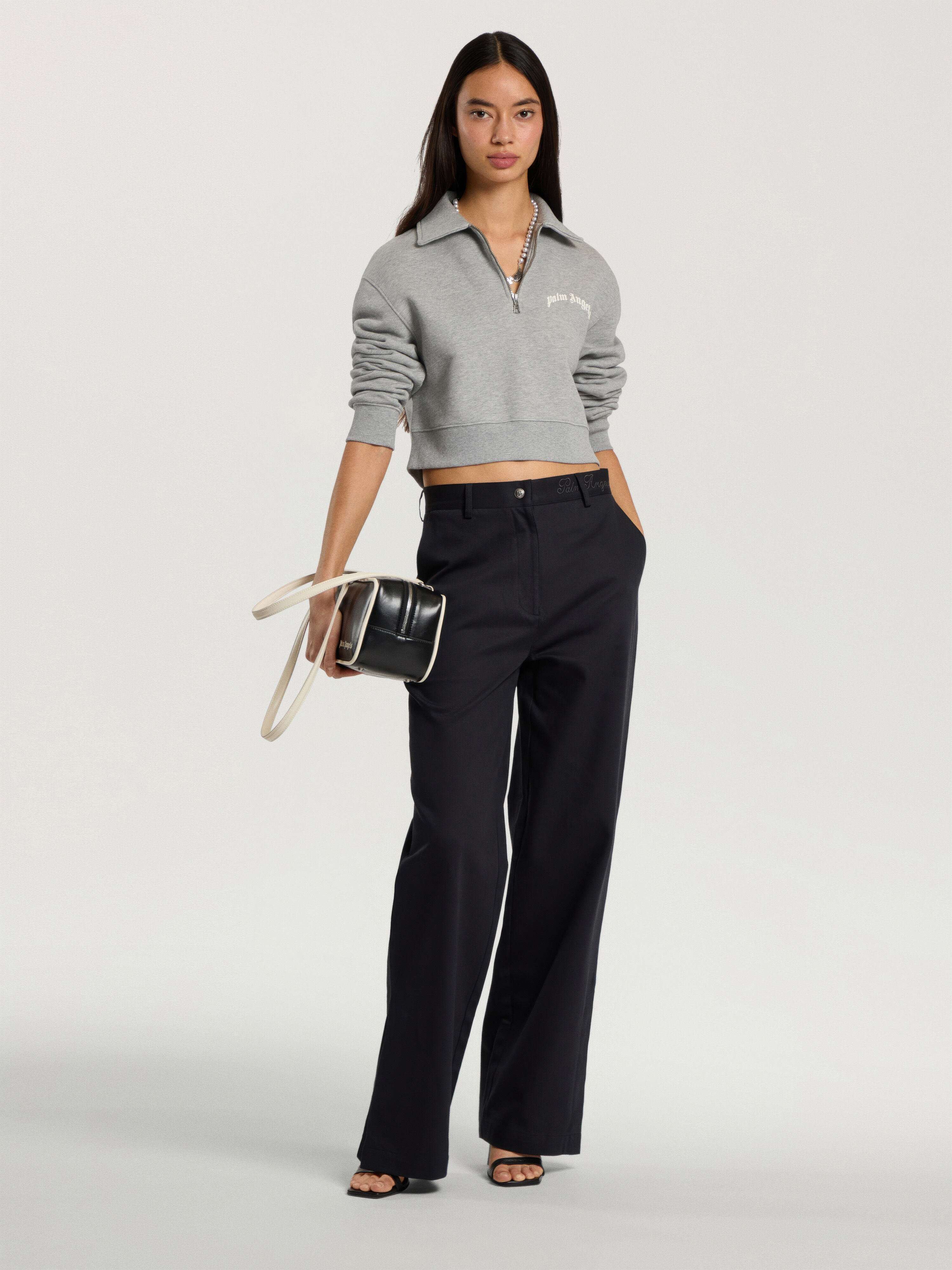 Curved Logo Crop Polo Crew Long Sleeve PALM ANGELS Curved Logo Crop Polo Crew Long Sleeve GREY MELANGE - OFF WHITE PAWGC03F26FL01