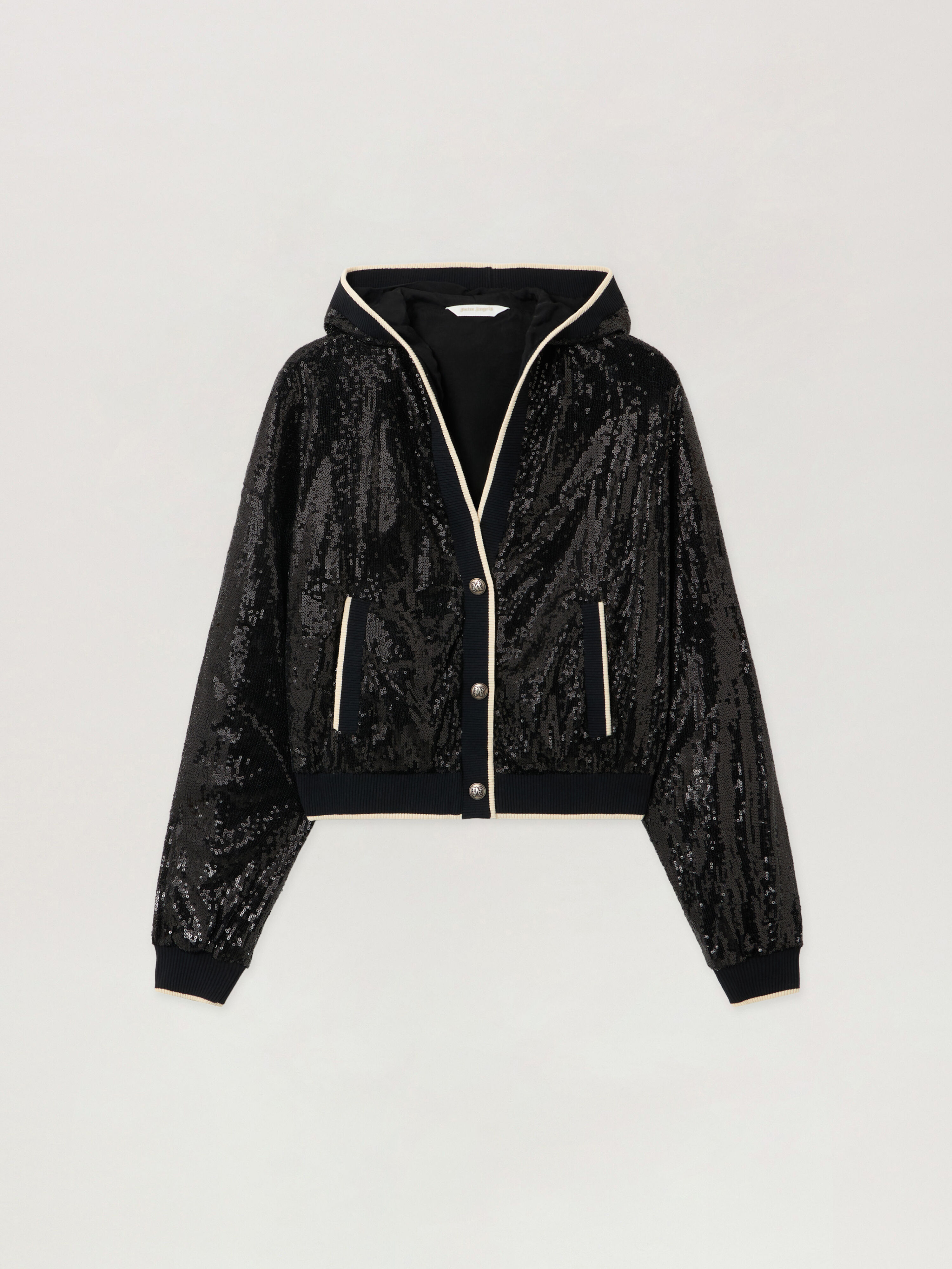 Curved Logo Sequin Crop Jacket PALM ANGELS Curved Logo Sequin Crop Jacket BLACK - OFF WHITE PWEA129F25FAB001