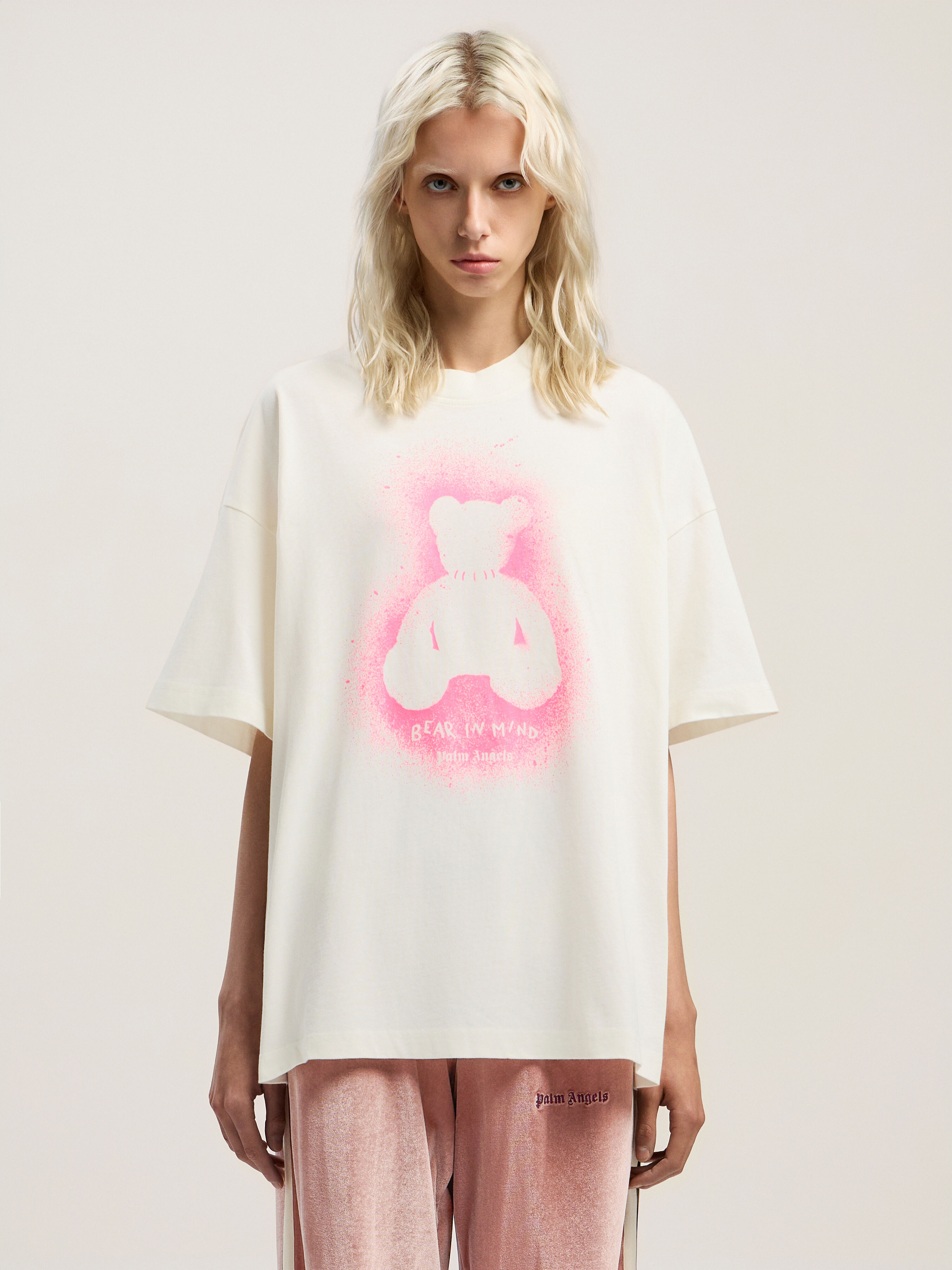 PALM ANGELS Spray Bear Loose T-Shirt OFF WHITE - FUCHSIA FLUO PWAA07BF25JER005
