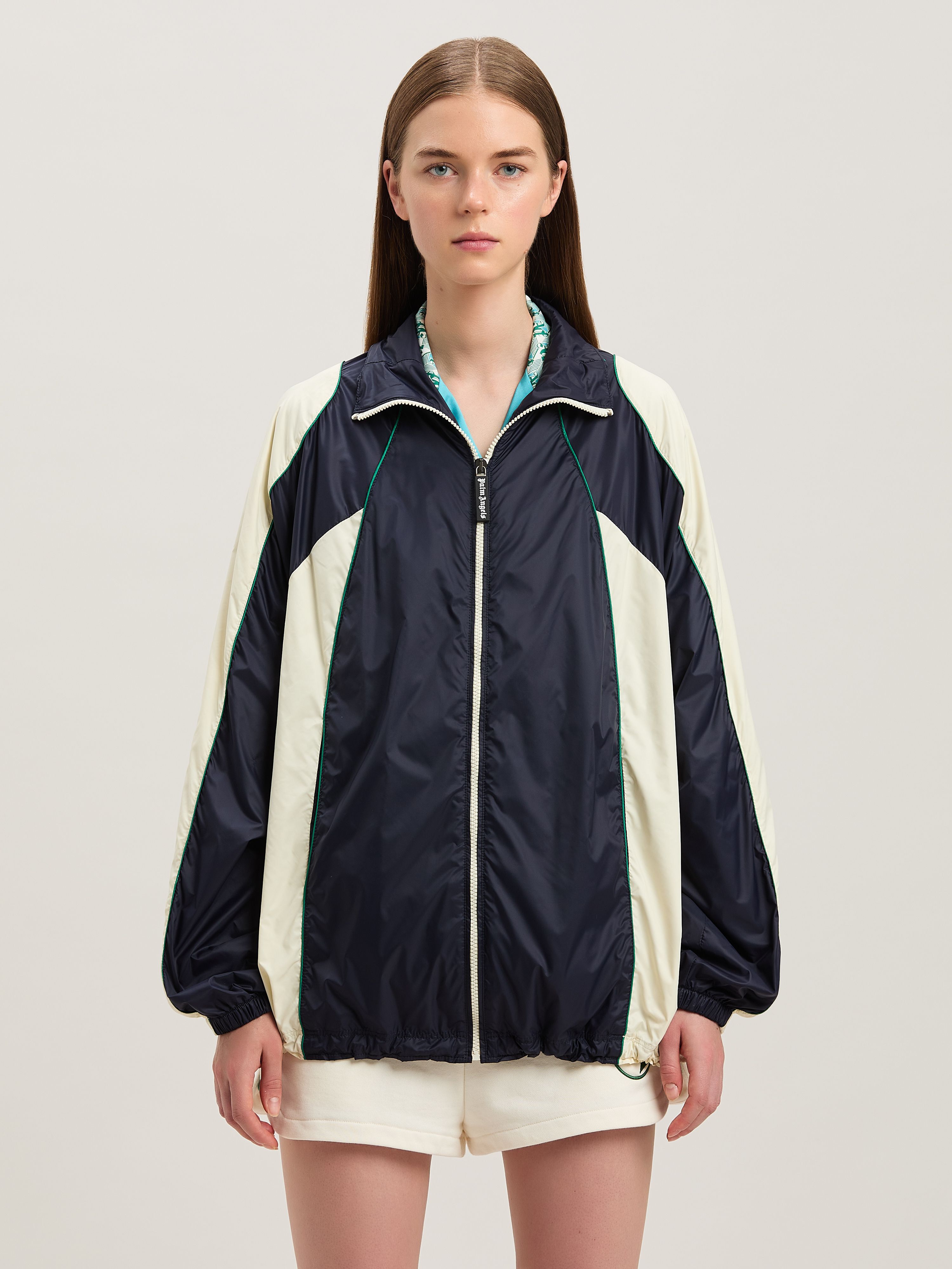 PALM ANGELS  Curved logo colorblock windbreaker NAVY BLUE - OFF WHITE PWEB015S25FAB001
