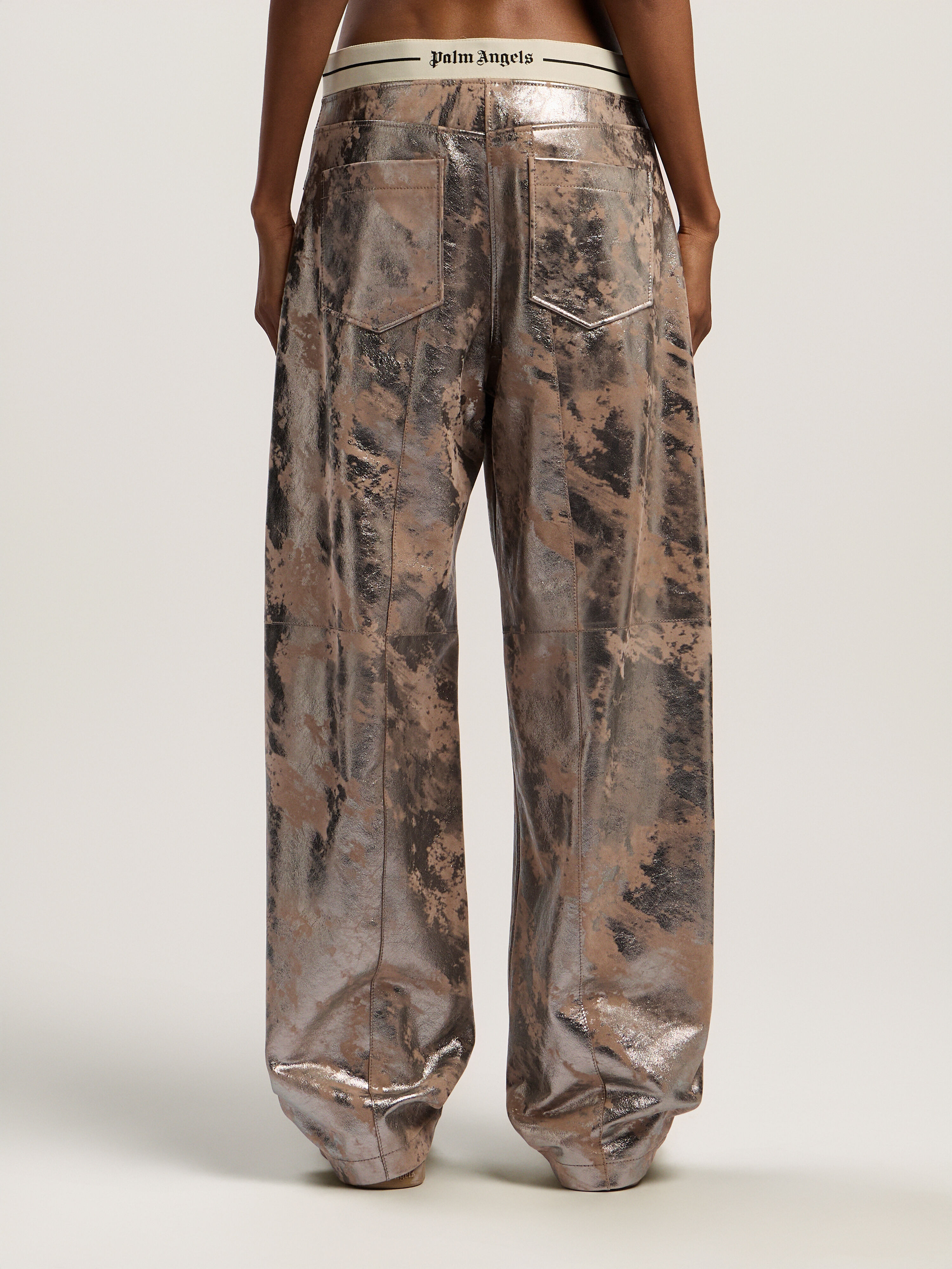 PALM ANGELS Laminated Leather Carrot Pant NUDE - SILVER PWJB027F25LEA001
