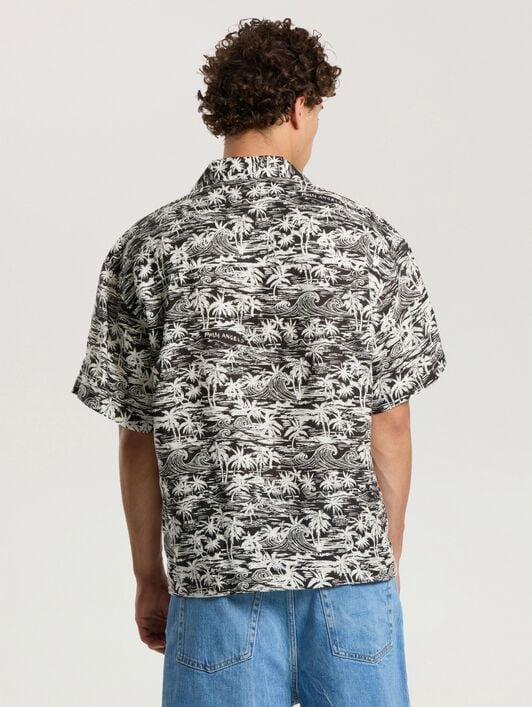 PALM ANGELS Palm Waves Linen Bowling Shirt BLACK - OFF WHITE PAMGG01F26FB02