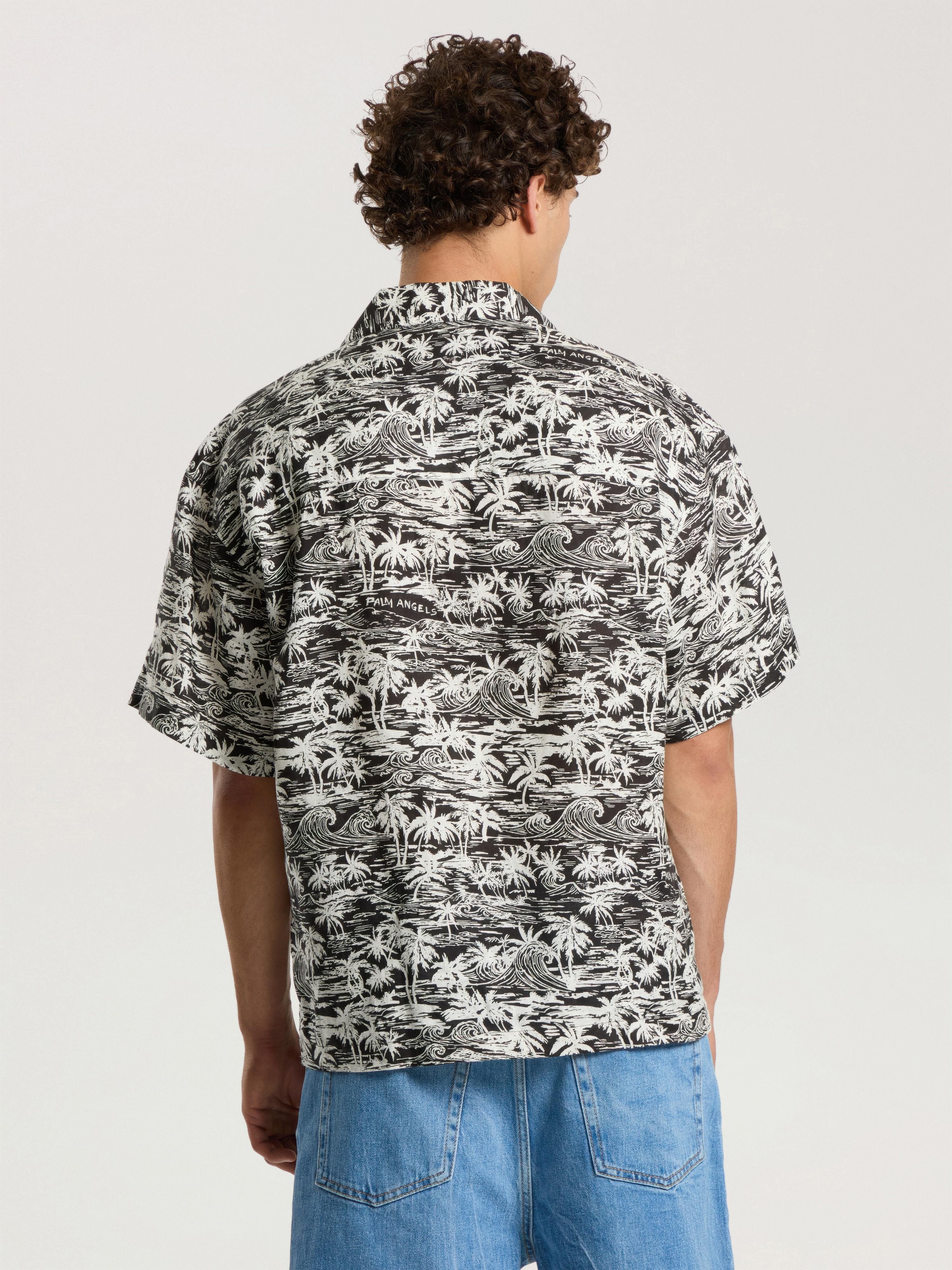 PALM ANGELS Palm Waves Linen Bowling Shirt BLACK - OFF WHITE PAMGG01F26FB02
