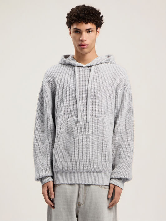PALM ANGELS Curved Logo Rib Knit Hoodie GREY MELANGE - OFF WHITE PMHU025F25KNI001