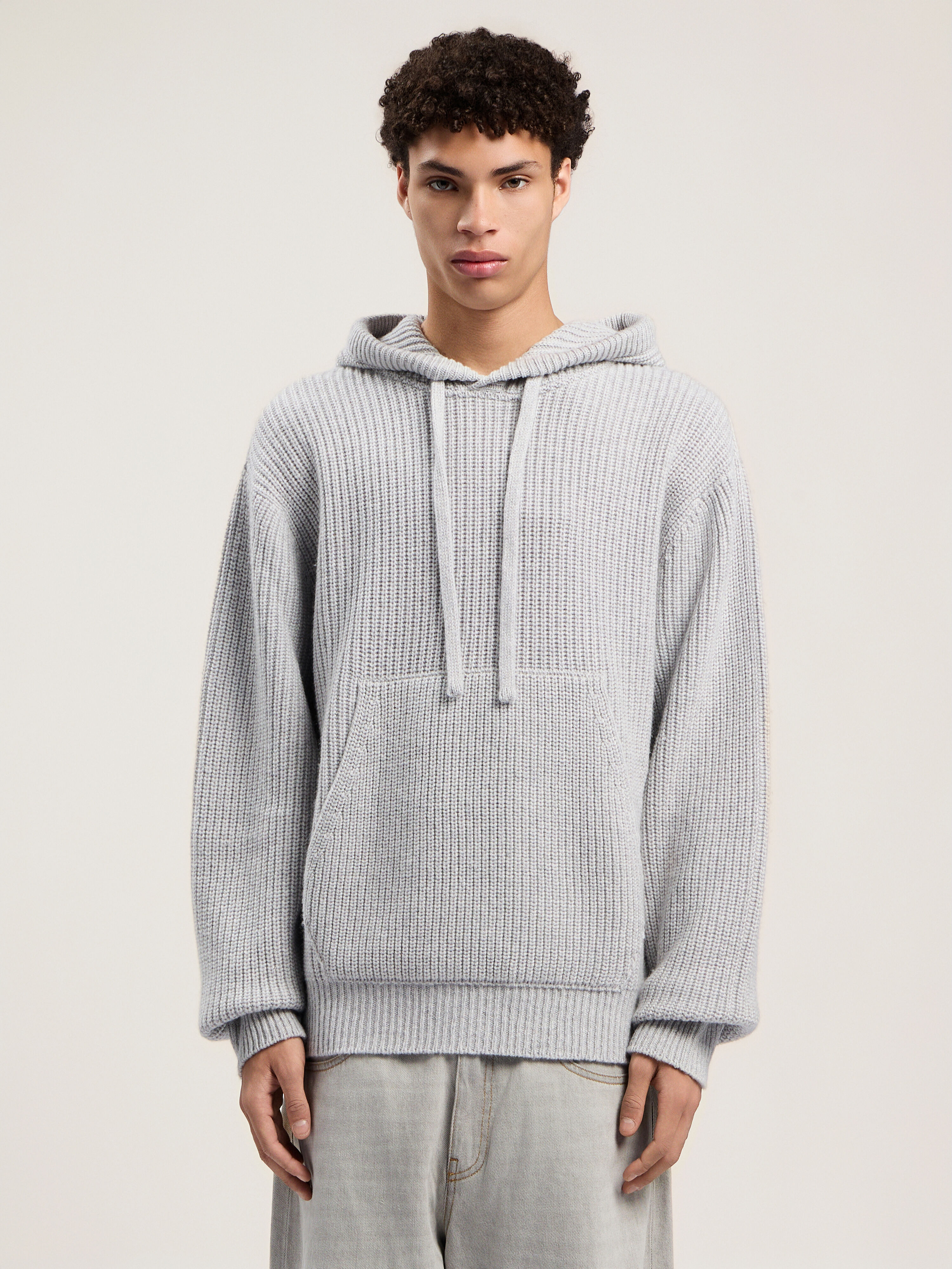 PALM ANGELS Curved Logo Rib Knit Hoodie GREY MELANGE - OFF WHITE PMHU025F25KNI001