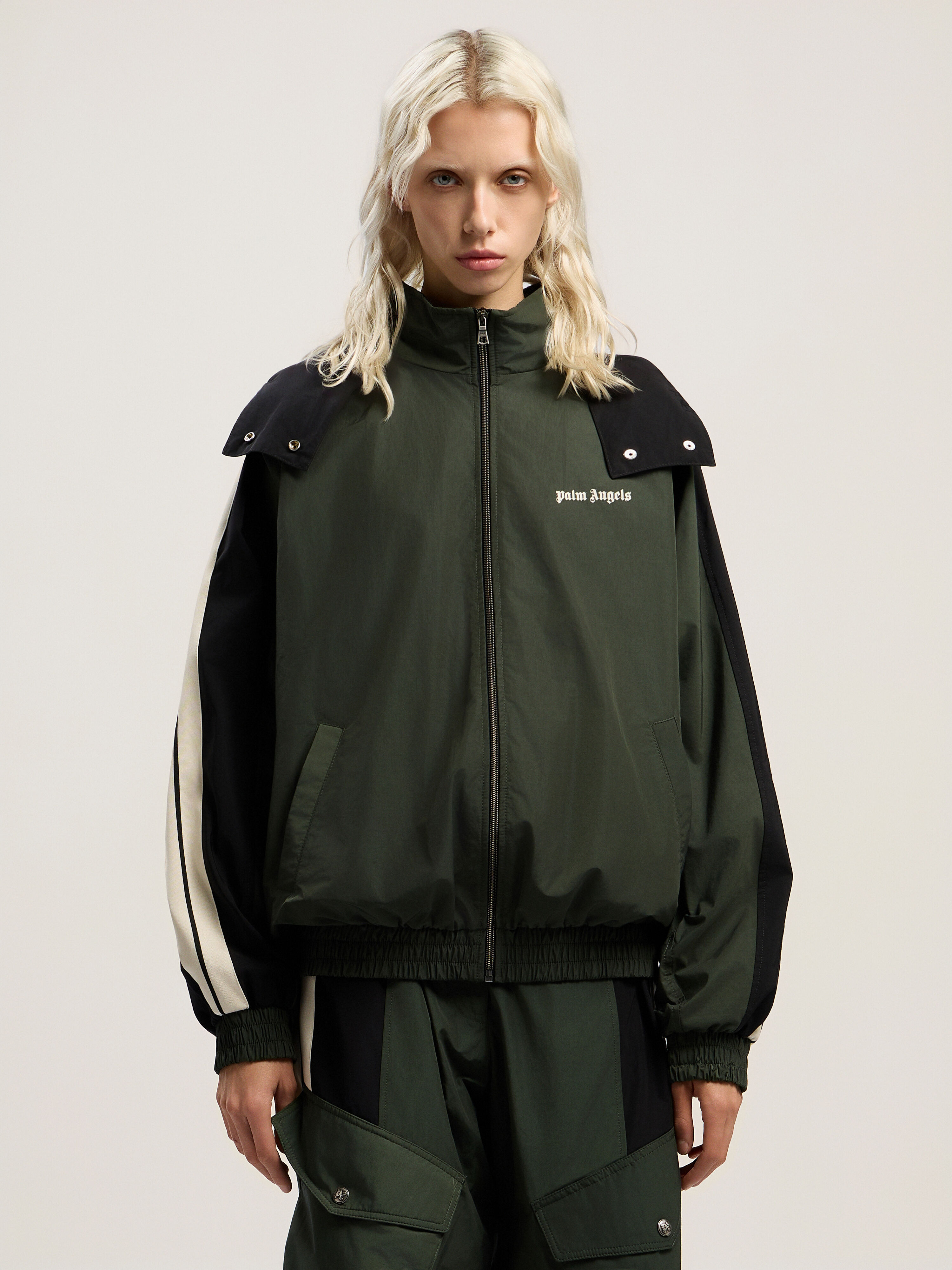 PALM ANGELS Colorblock Track Windbreaker FOREST GREEN - BLACK PWEB016F25FAB001