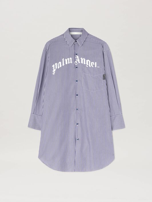 PALM ANGELS  Gestreiftes Hemdkleid mit geschwungenem Logo NAVY BLUE - OFF WHITE PWDG002S25FAB001