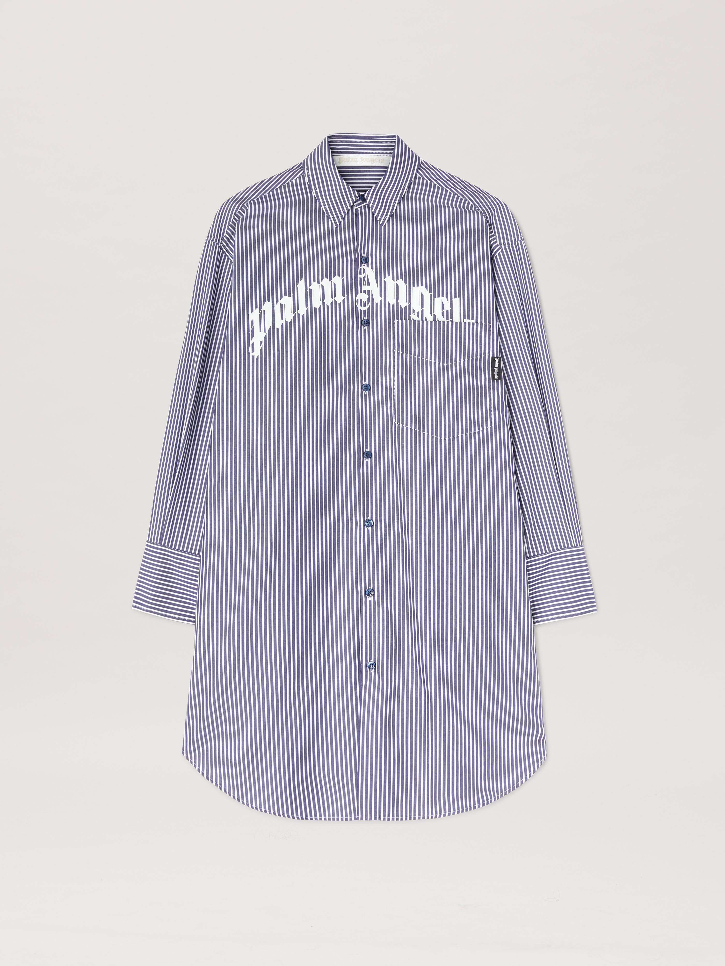 PALM ANGELS  Gestreiftes Hemdkleid mit geschwungenem Logo NAVY BLUE - OFF WHITE PWDG002S25FAB001