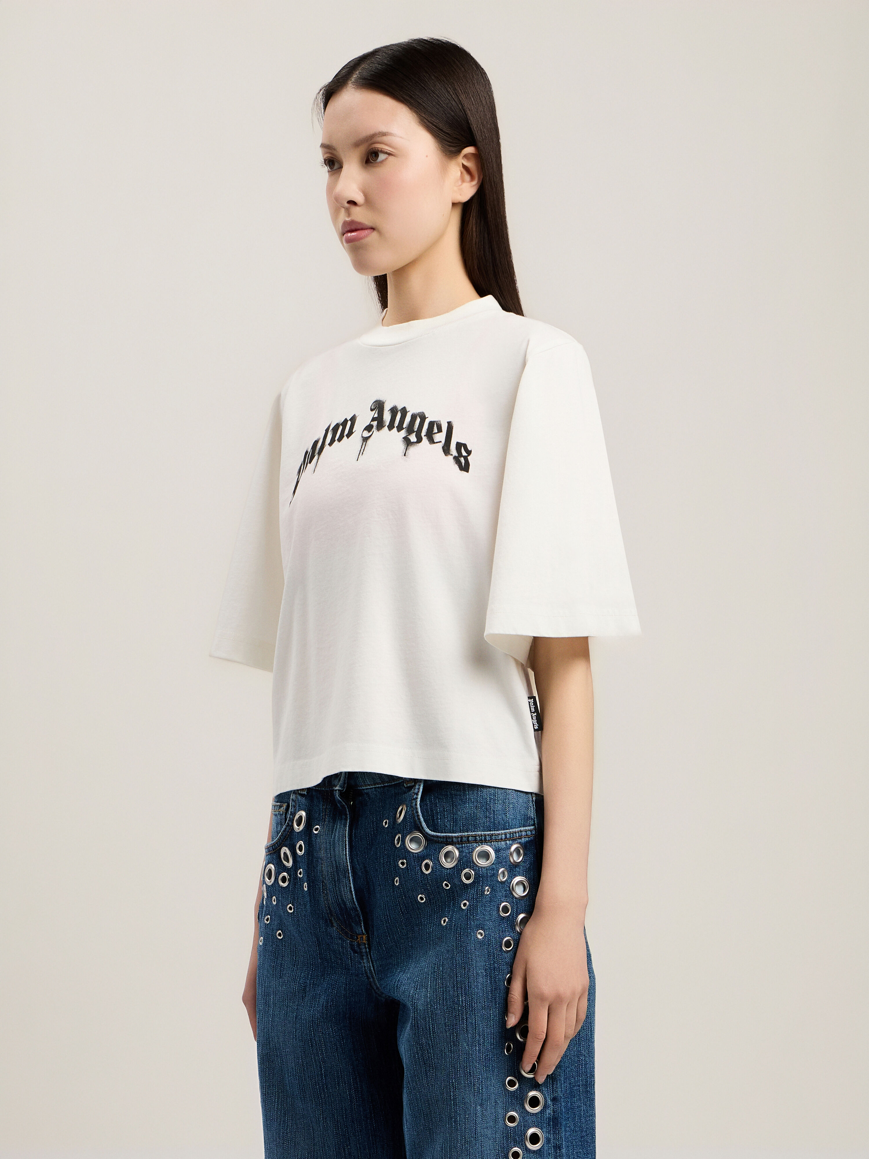 PALM ANGELS Curved Logo Boxy T-Shirt OFF WHITE BLACK PWAA079S26JER004