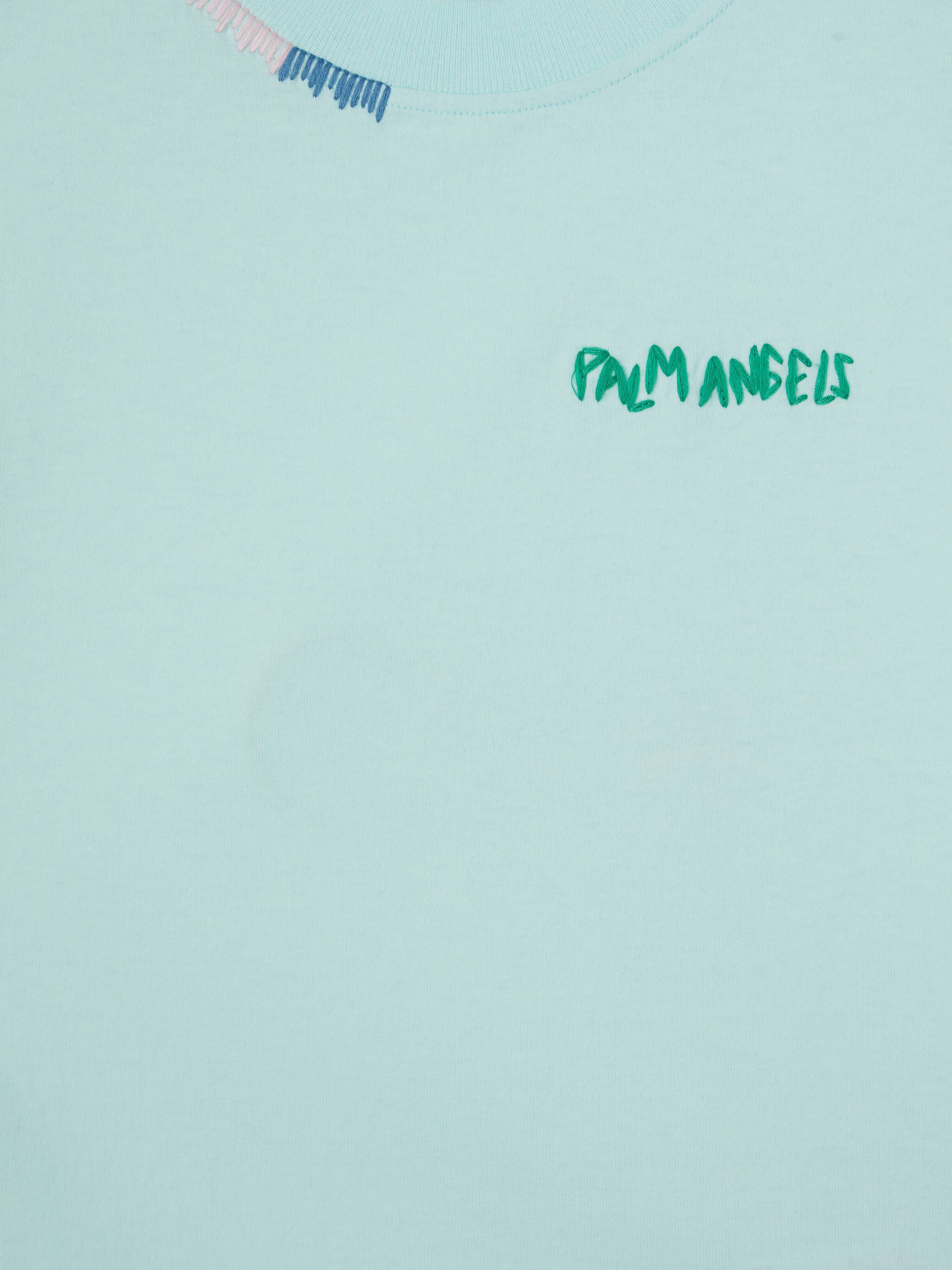 PALM ANGELS  Multicolor logo embroidered T-shirt SKY BLUE GREEN PBAA003S25JER005