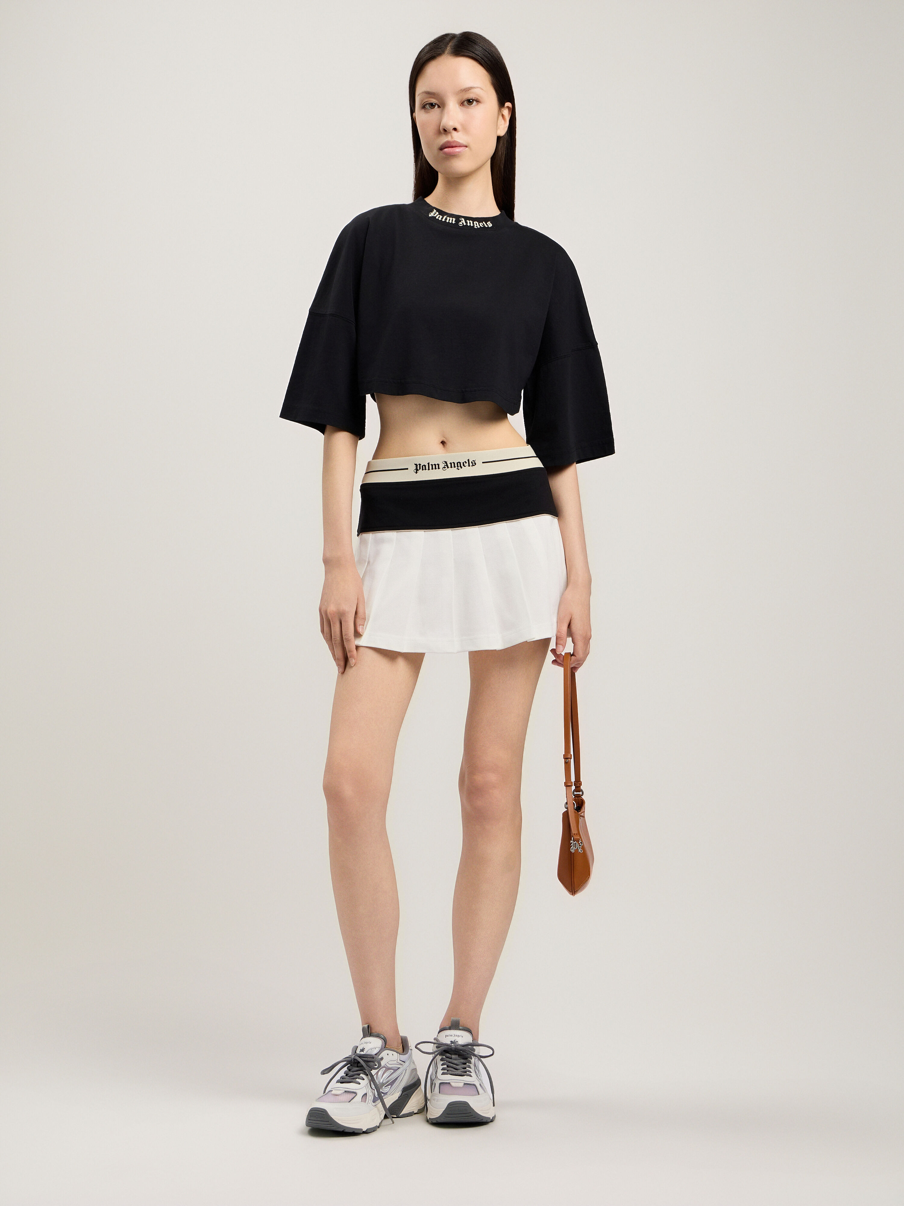 PALM ANGELS Back Curved Logo Mini T-Shirt BLACK CREAM PWAA054S26JER001