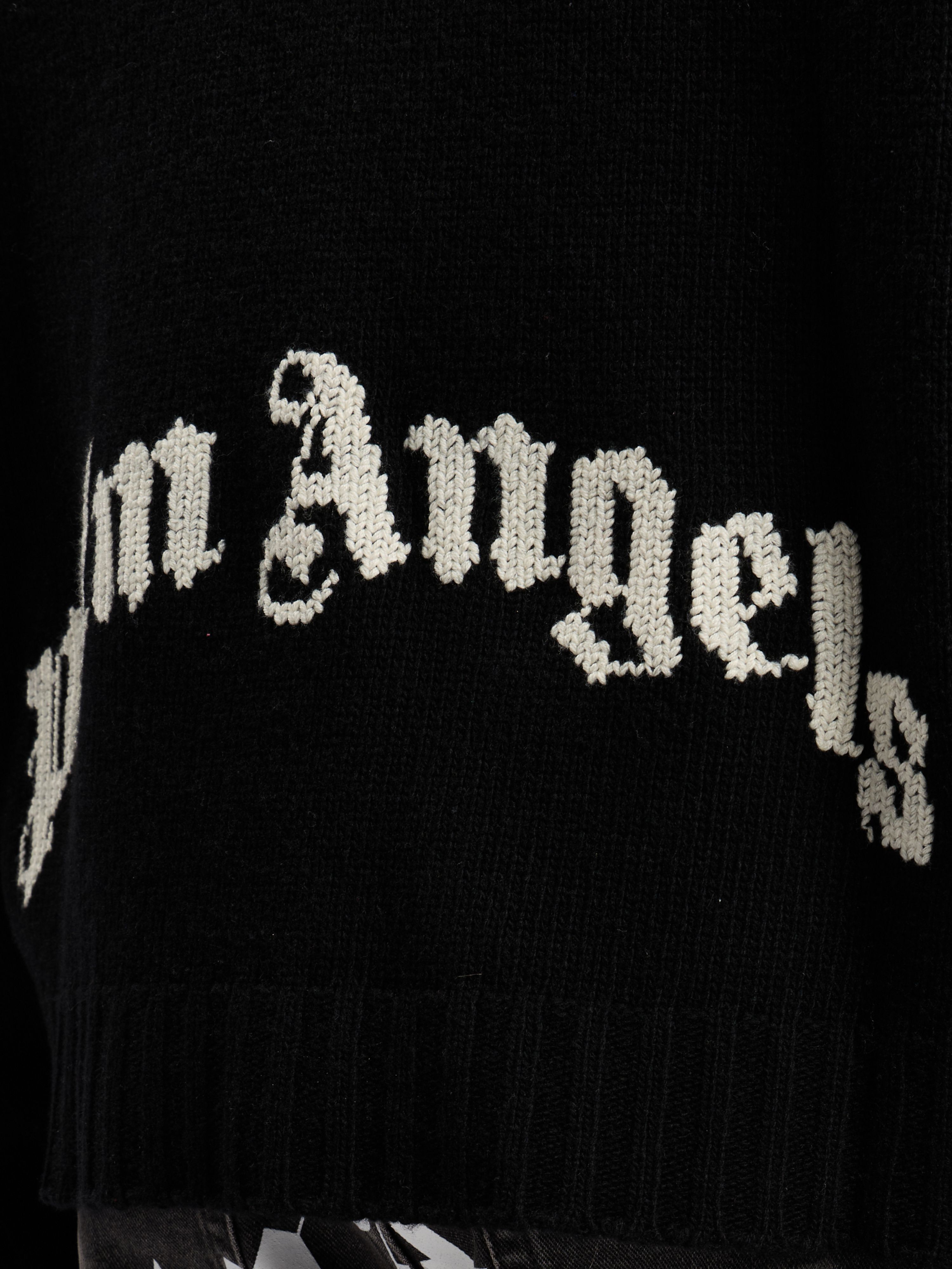 Curved Logo Tneck Sweater in BLACK WHITE for Men | Palm Angels® Curved Logo Tneck Sweater in BLACK WHITE for Men | Palm Angels®