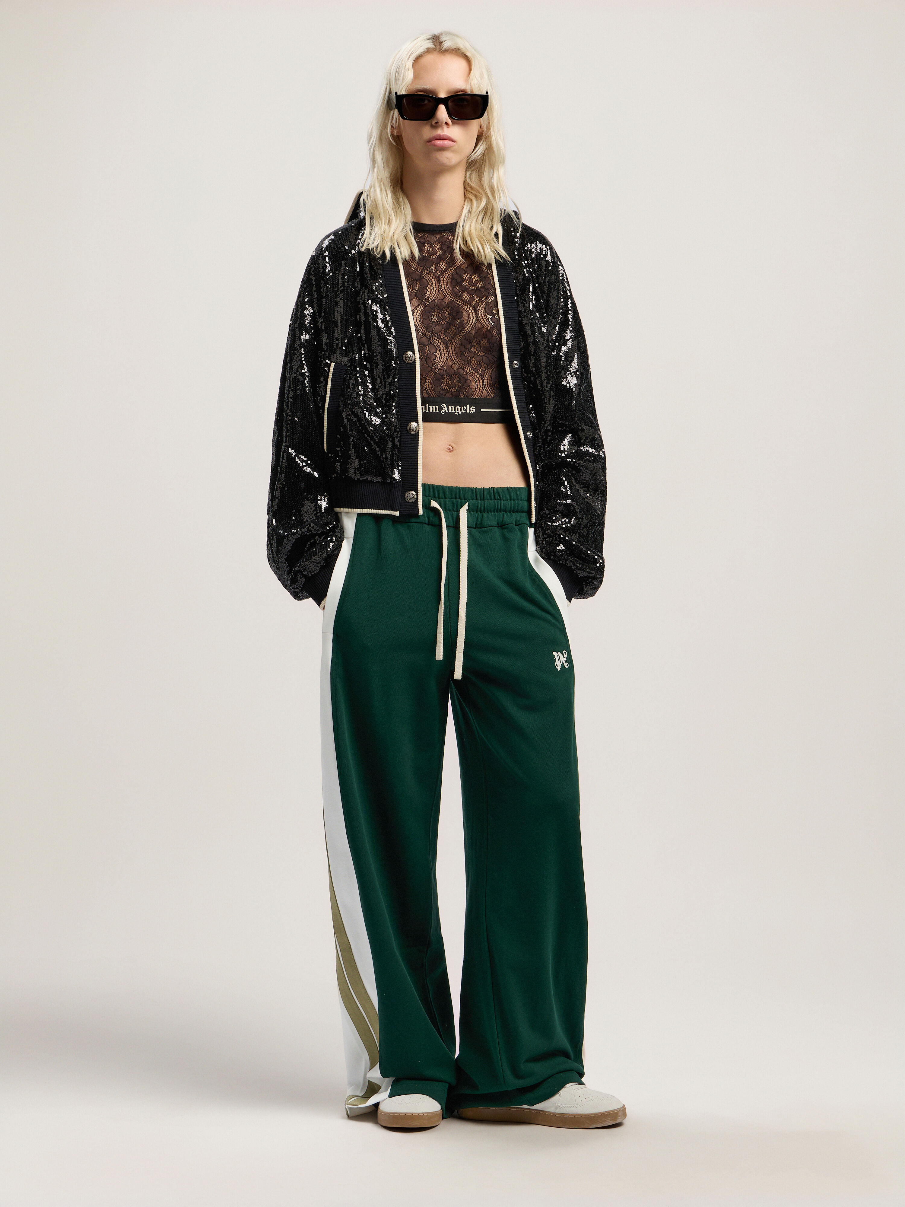 PALM ANGELS Monogram Colorblock Sweatpant DARK GREEN - OFF WHITE PWCH028F25FAB001