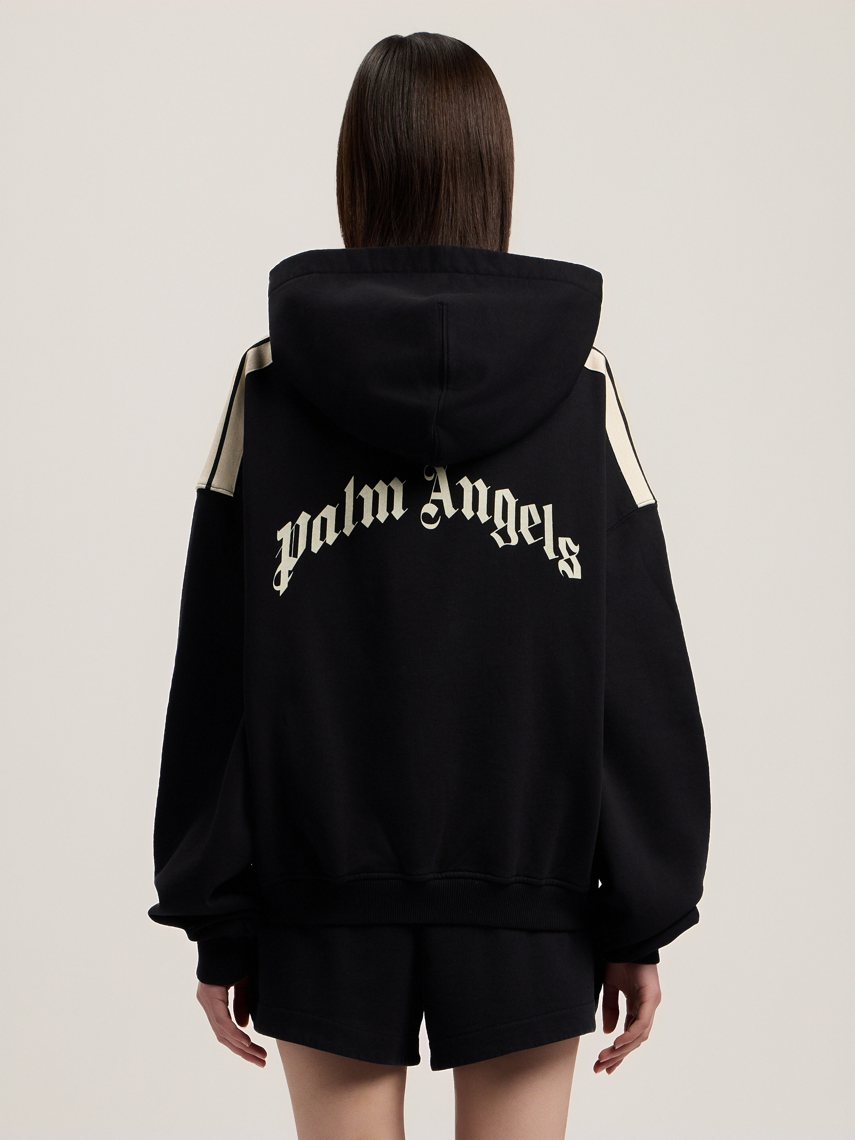 PALM ANGELS Curved Logo Loose Crop Hoodie BLACK TOFU PWBB076S26FLE001