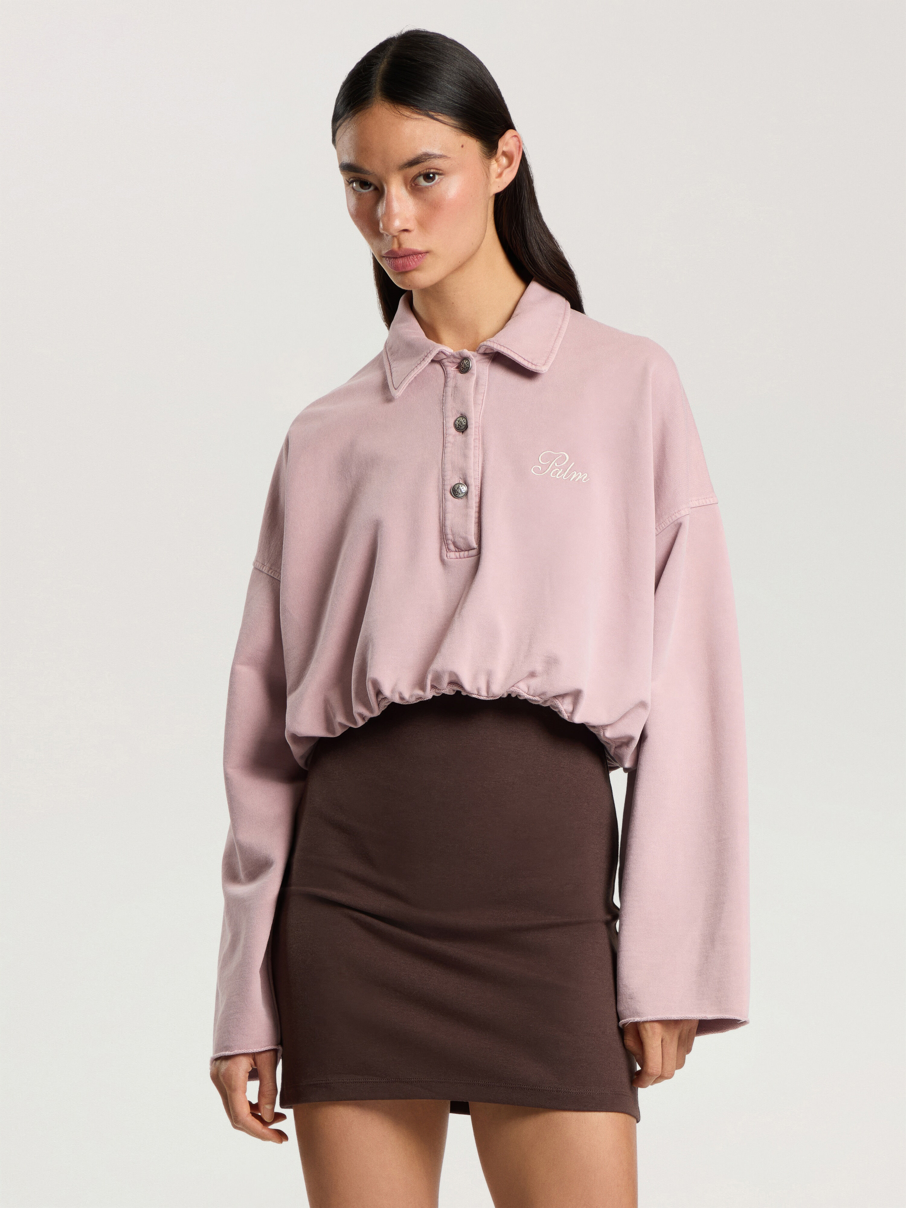 PALM ANGELS Palm Sway Cropped Long Sleeve Polo MAUVE - OFF WHITE PAWGC01F26FL01