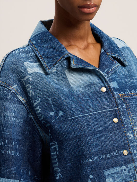 Newspaper Print Denim Shirt PALM ANGELS Newspaper Print Denim Shirt MEDIUM BLUE - DUSTY BLUE PWYD022F25DEN001