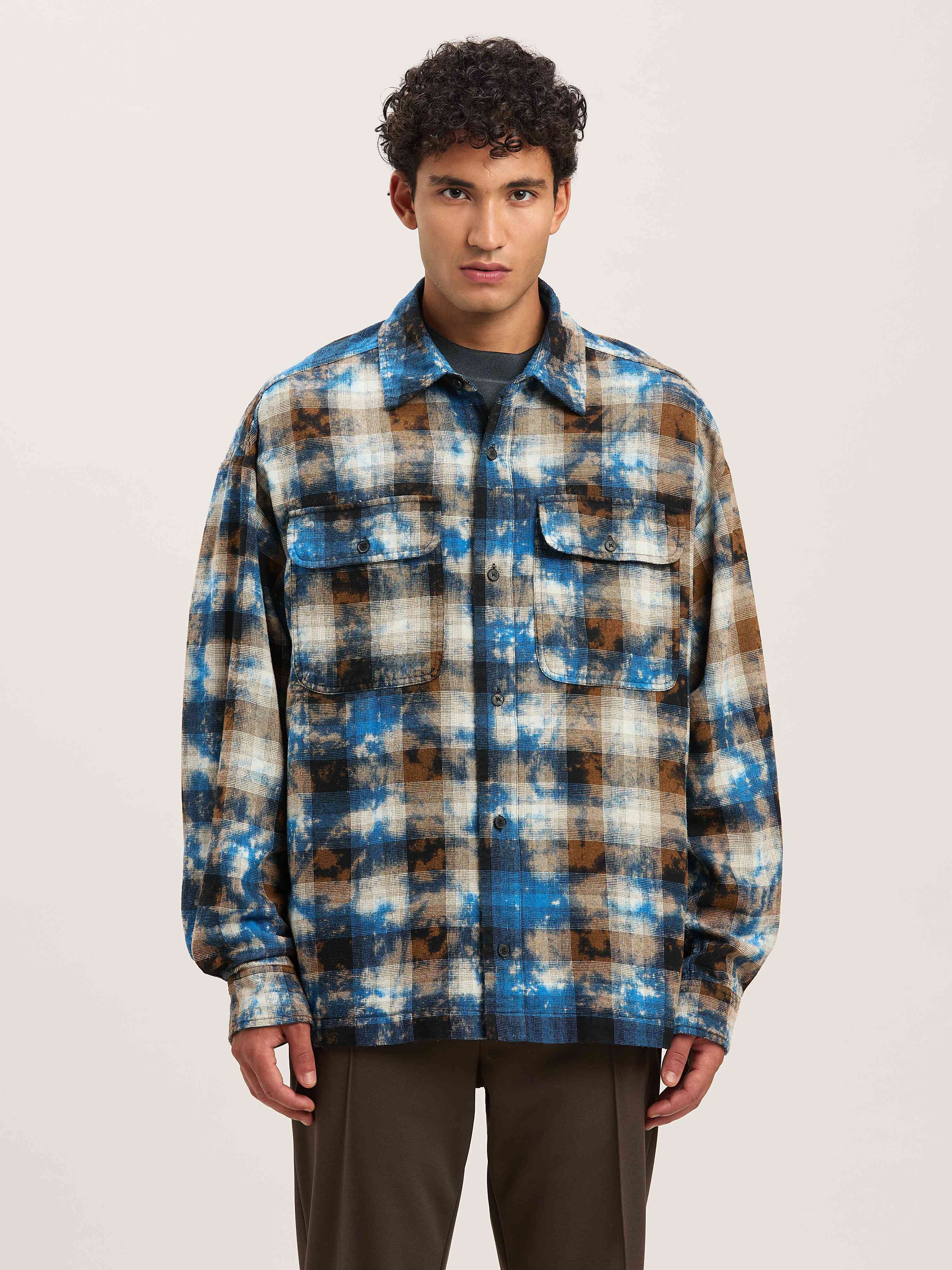 PALM ANGELS  Curved logo Faded tartan shirt LIGHT BLUE - OFF WHITE PMGE043S25FAB003