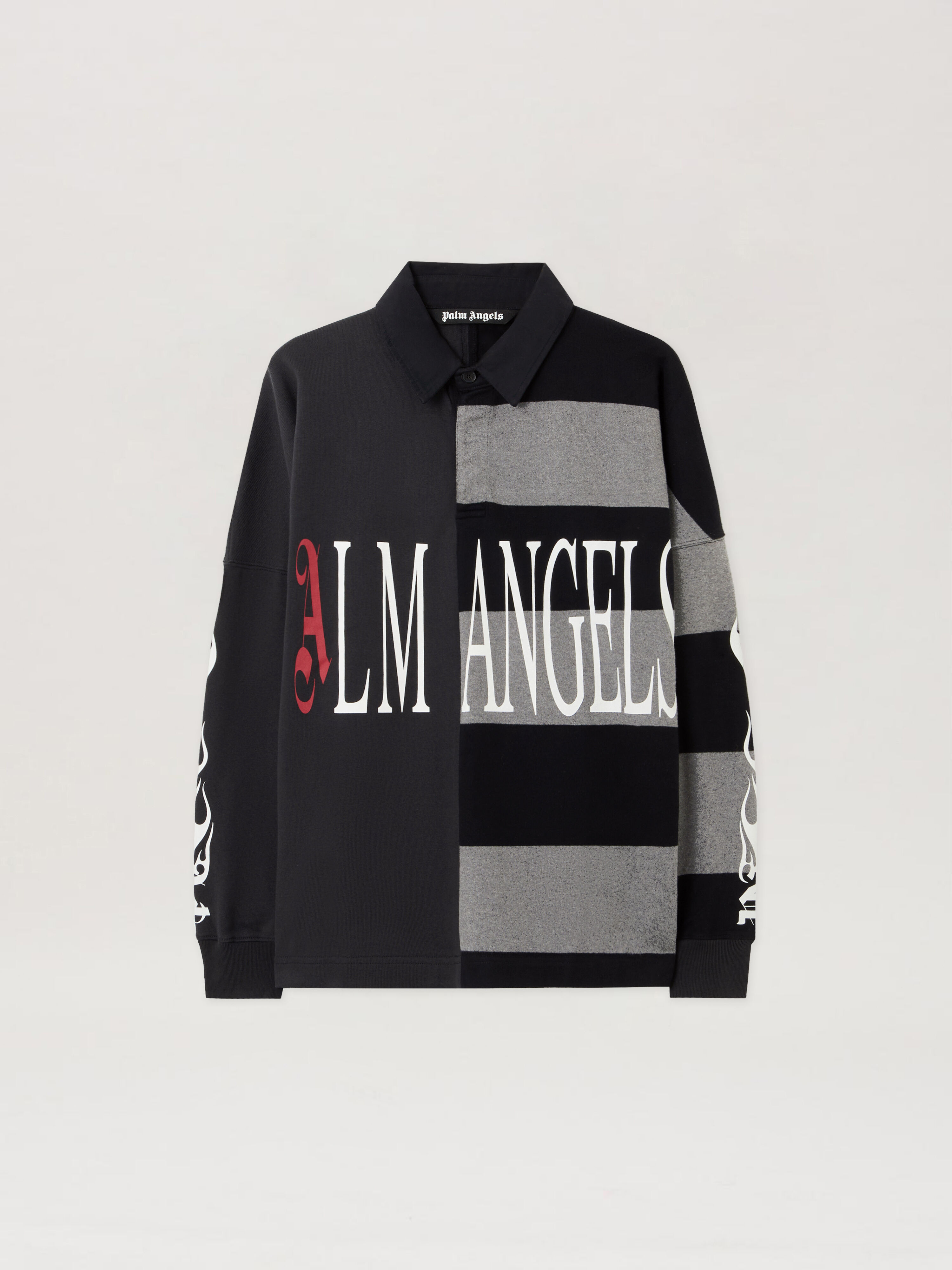 PALM ANGELS Flames Flag Polo L/Sg BLACK - GREY MELANGE PMGC01BF25FAB001