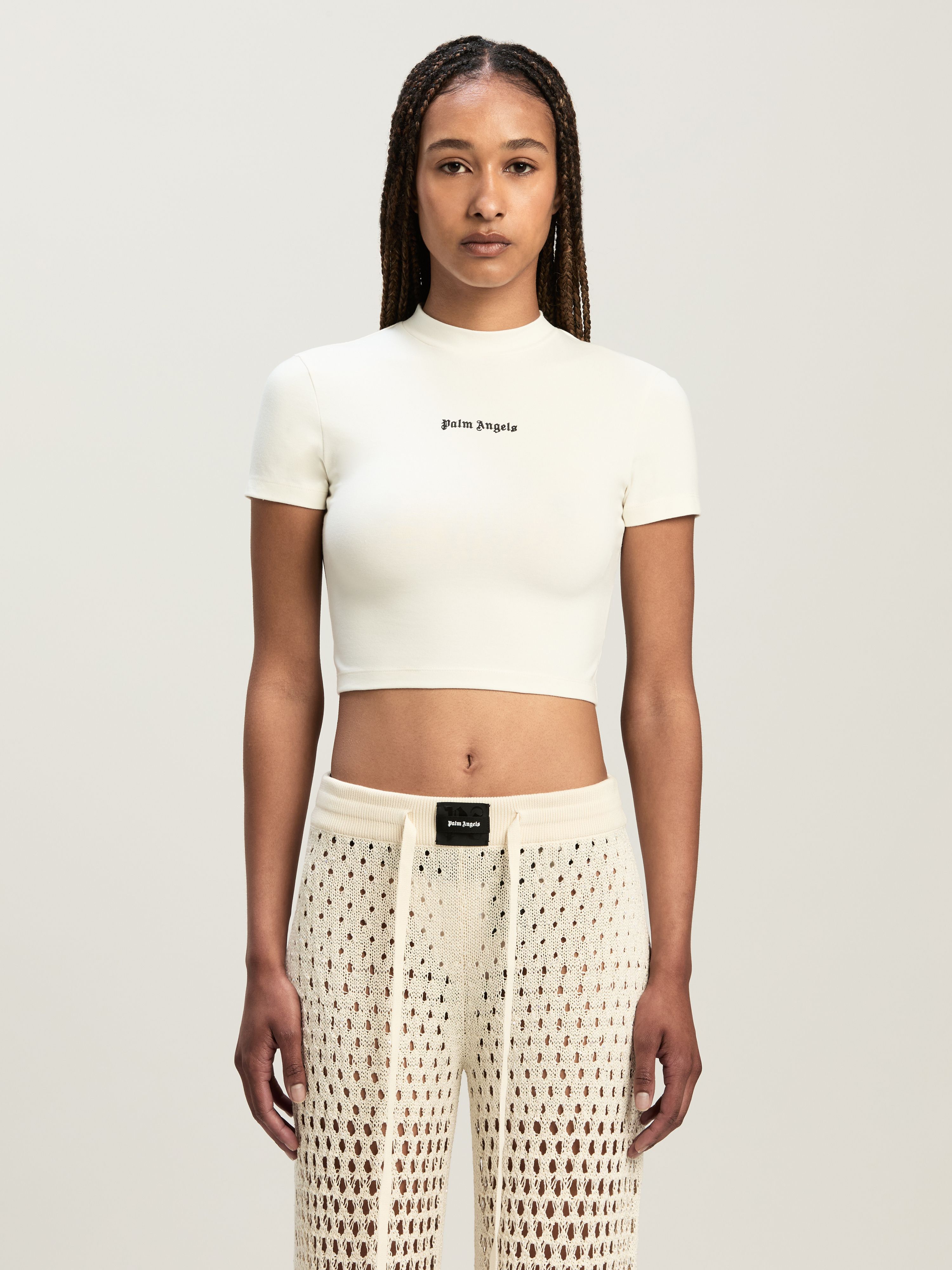 PALM ANGELS  Cropped Baby T-Shirt mit klassischem Logo OFF WHITE - BLACK PWAA074C99JER001