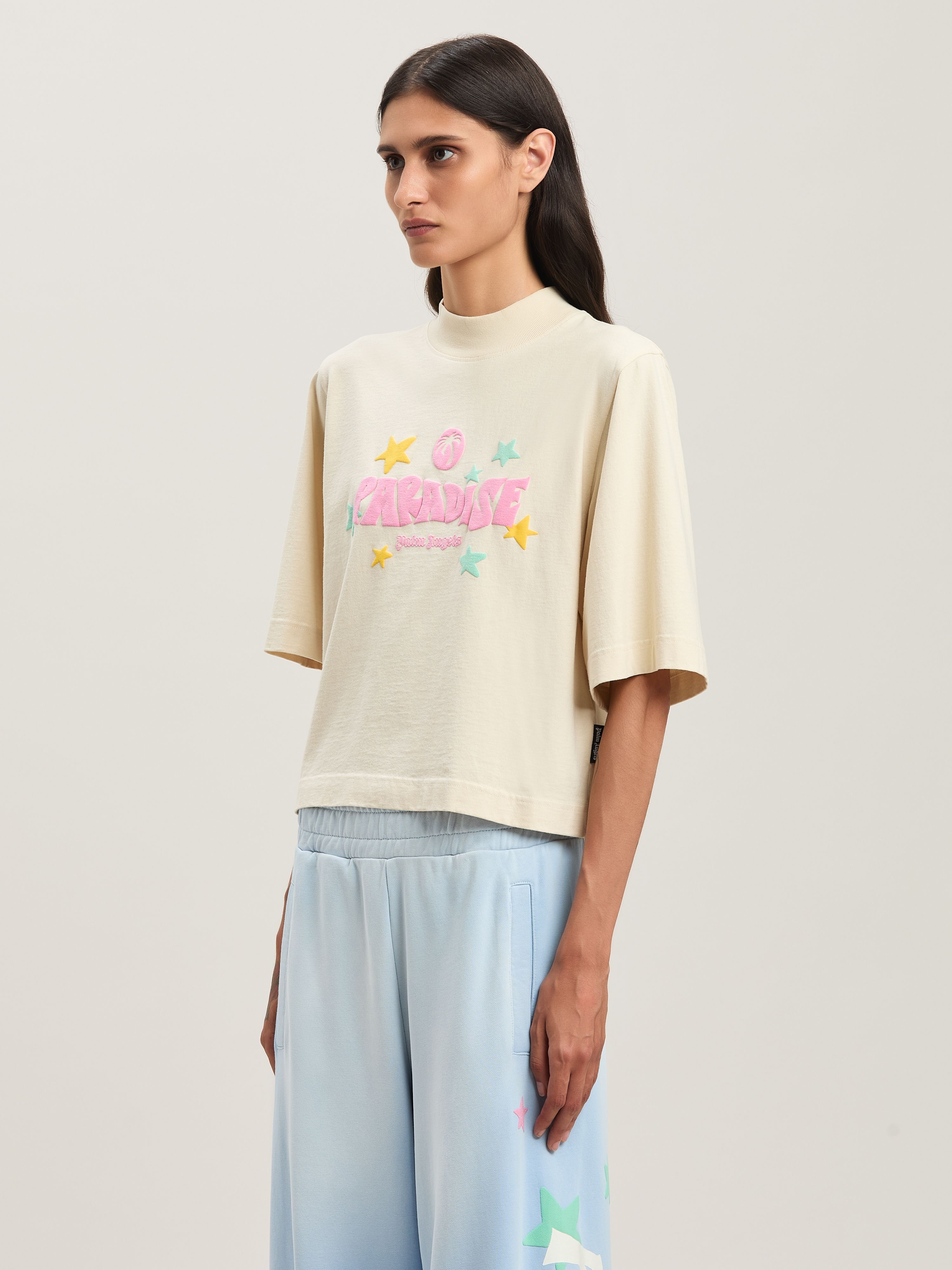PALM ANGELS  Paradise cropped T-shirt IVORY - PINK PWAA020S25JER001