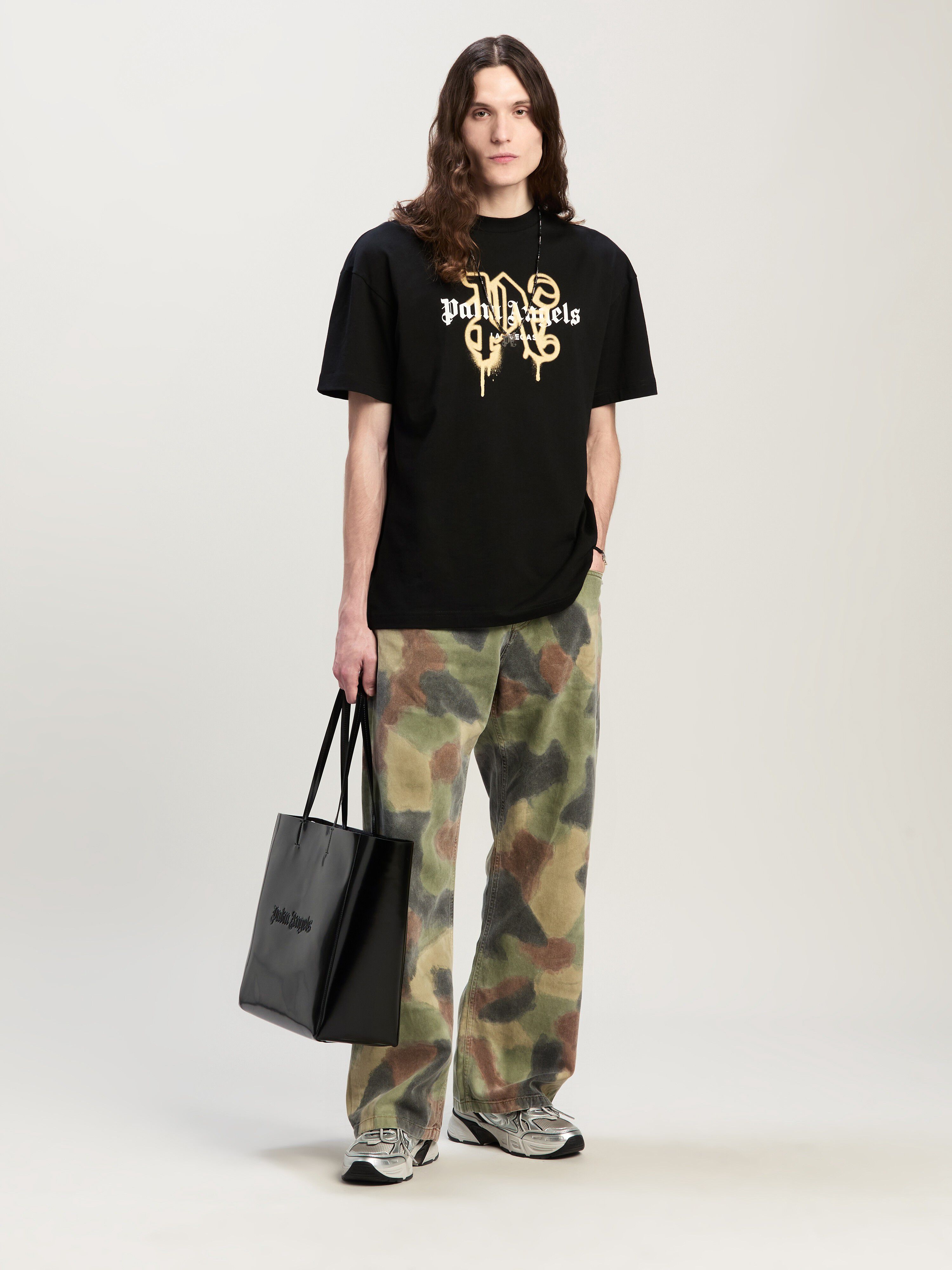 PALM ANGELS Las Vegas Monogram Spray Tee BLACK - GOLD PMAA001C99JER031