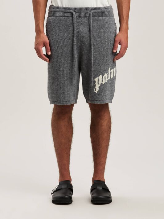 PALM ANGELS  Curved logo embroidered knit shorts GREY MELANGE - OFF WHITE PMHM011S25KNI001