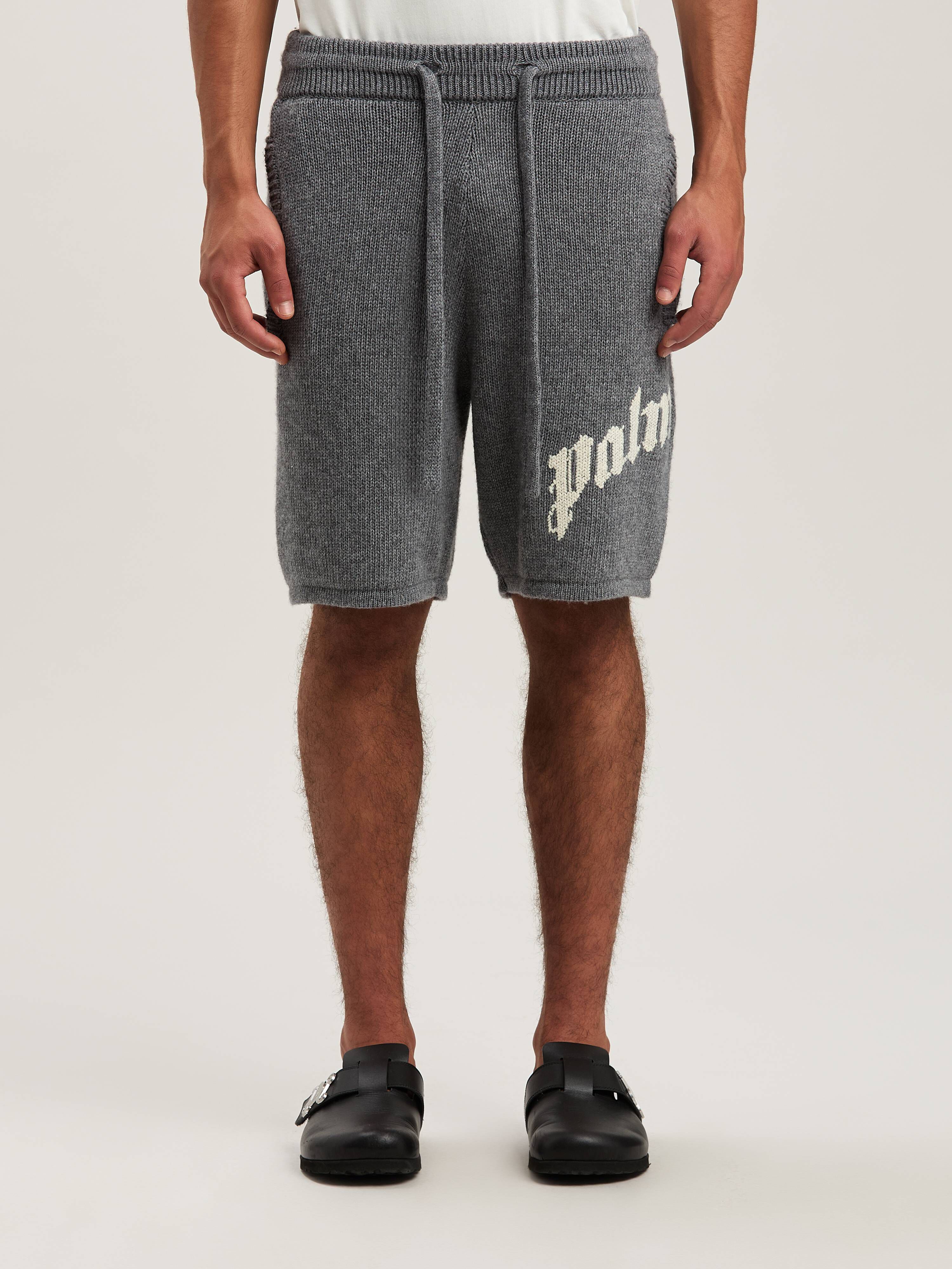 PALM ANGELS  Curved logo embroidered knit shorts GREY MELANGE - OFF WHITE PMHM011S25KNI001