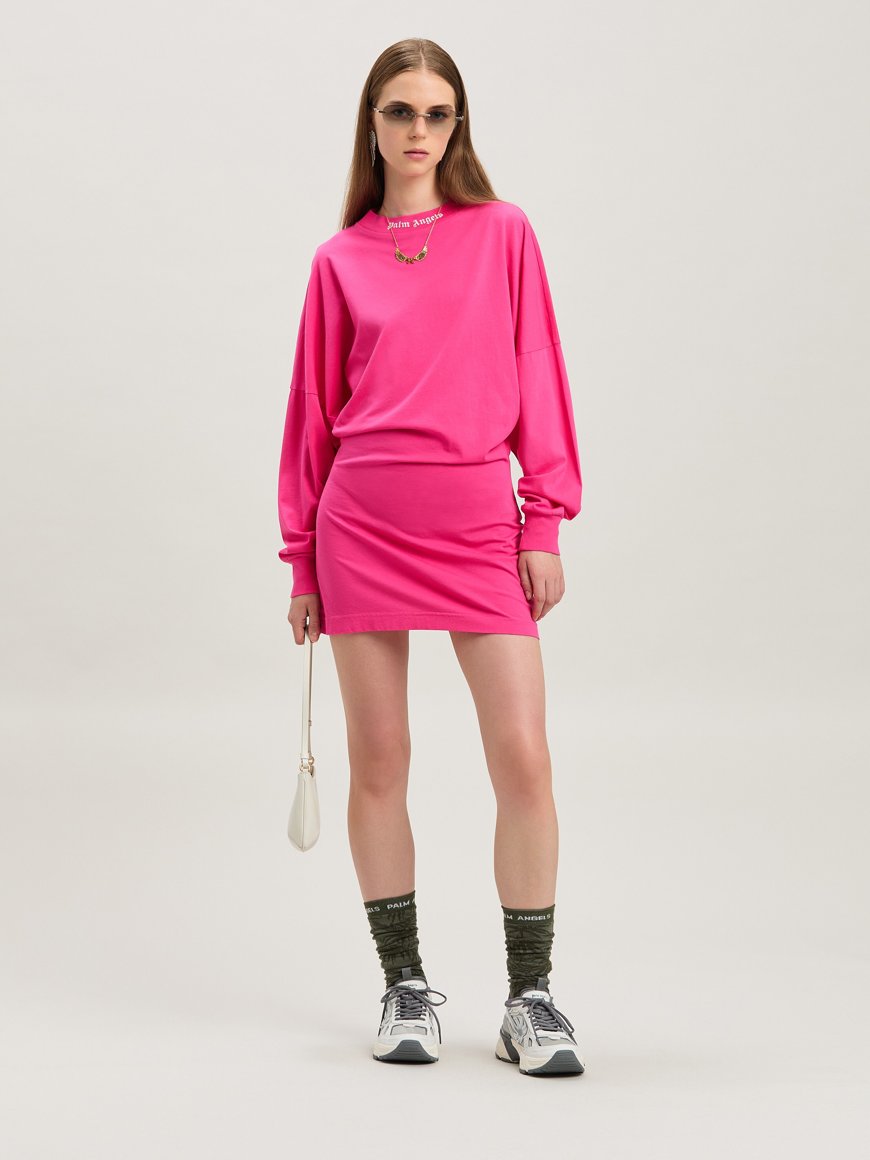 PALM ANGELS  Curved logo long sleeves T-shirt FUCHSIA - SOFT PINK PWDH007S25JER001
