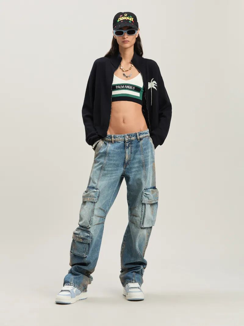PALM ANGELS  Metal brushed cargo denim pants MEDIUM BLUE - SILVER PWYB029S25DEN001