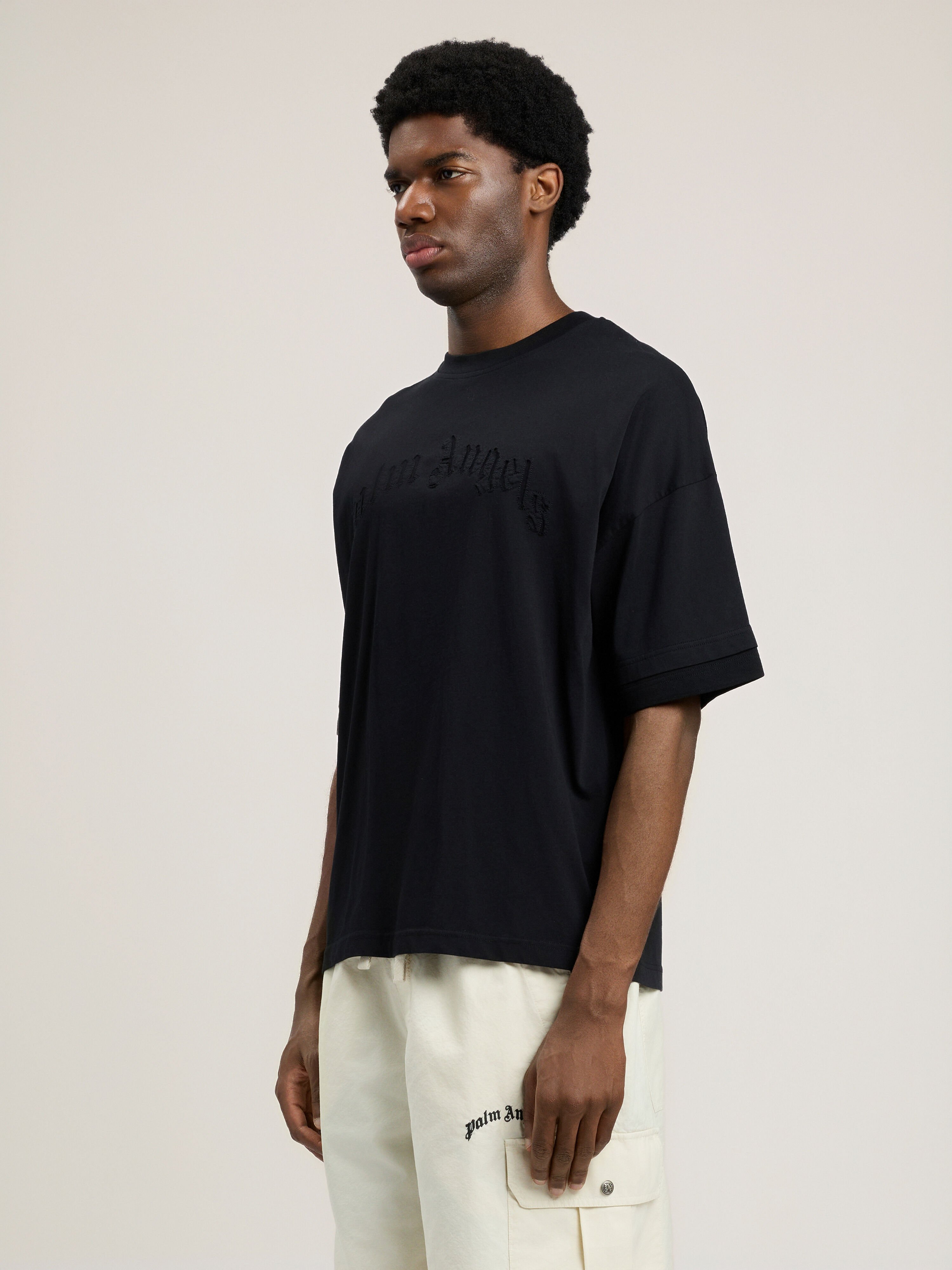 Curved Logo Loose Double T-Shirt in BLACK BLACK for Men | Palm Angels®