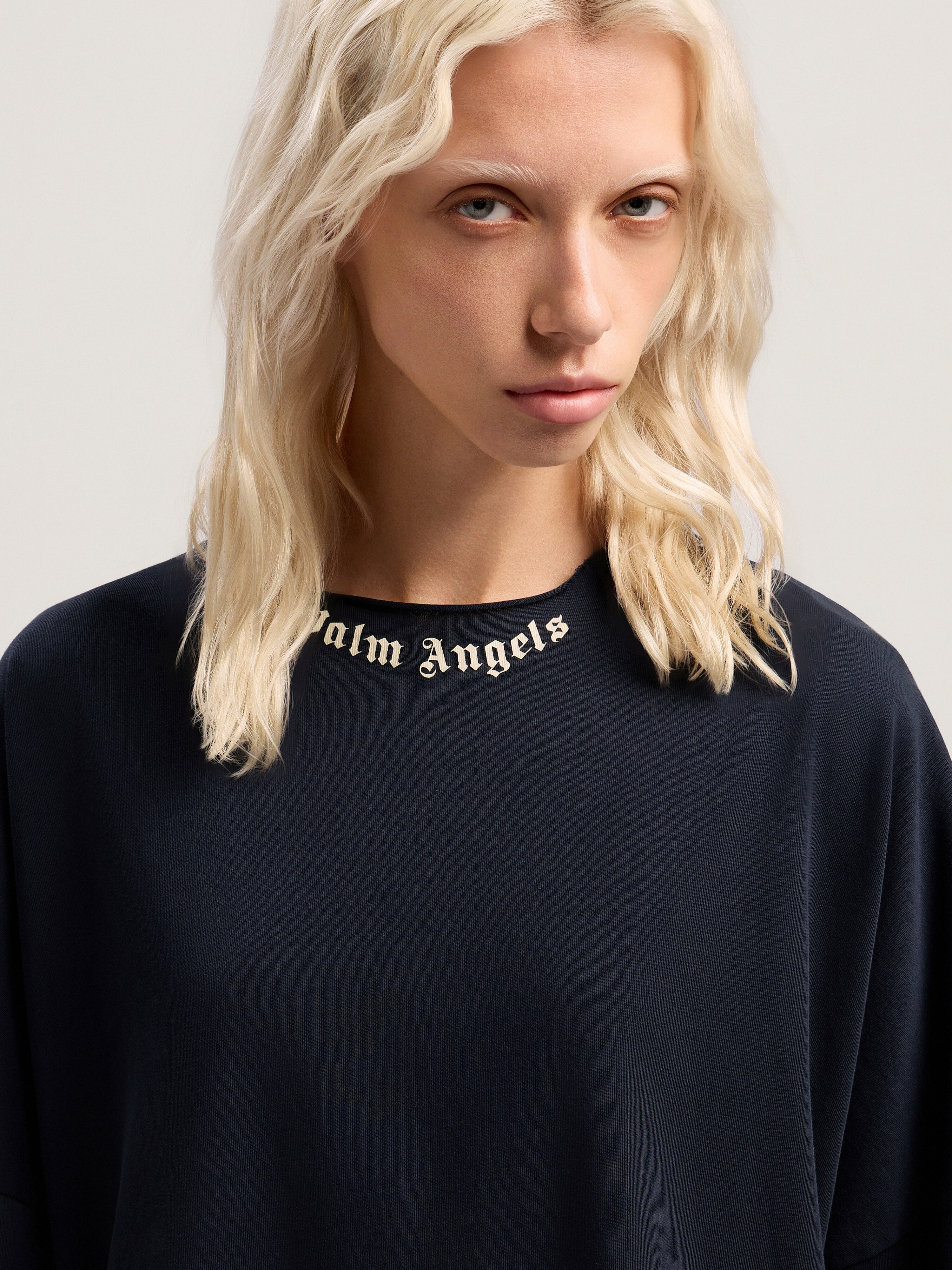 PALM ANGELS Curved Logo Collar Over Tee DARK BLUE - OFF WHITE PWAA07DF25JER001