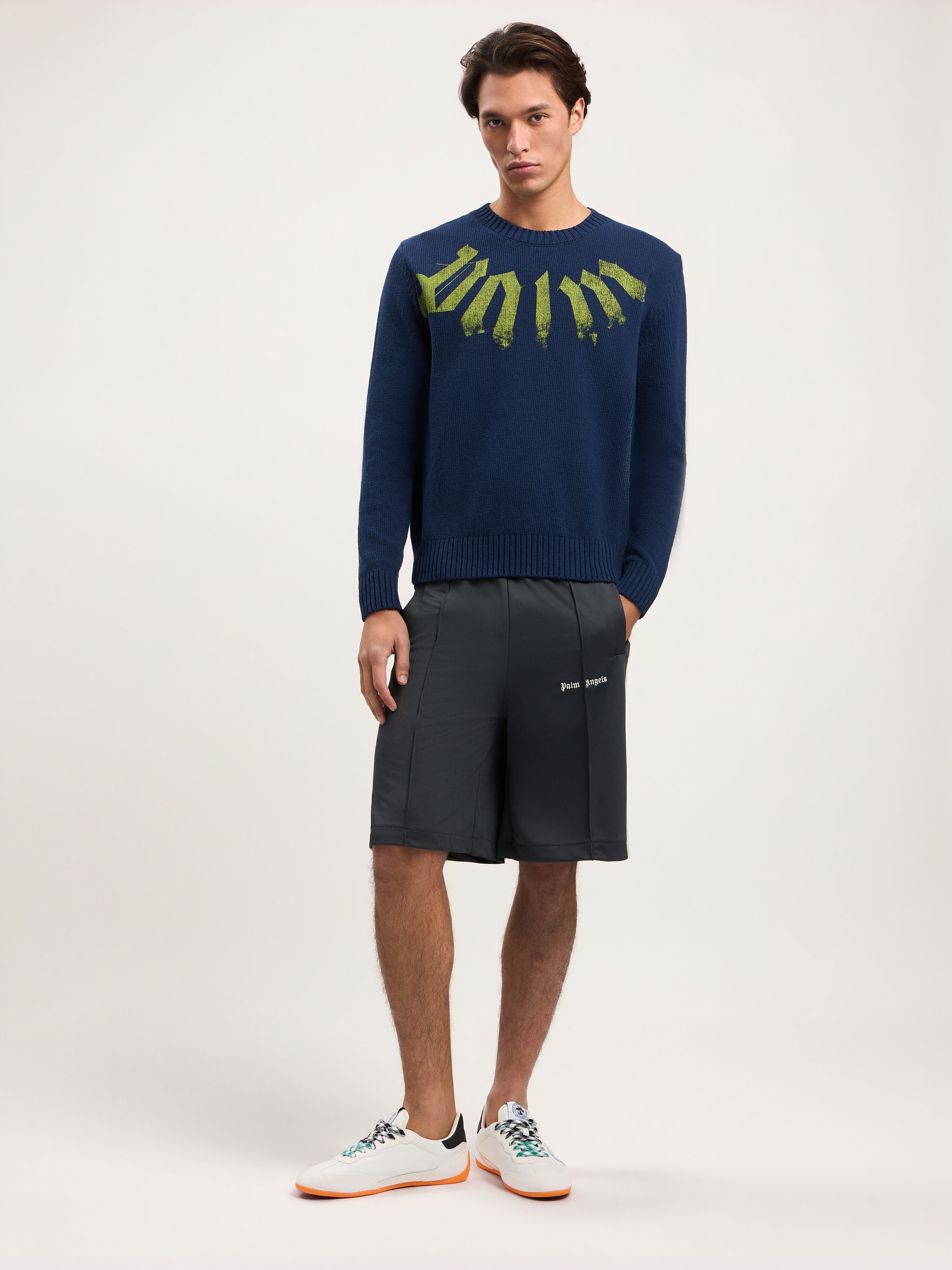 Big Neck Logo Sweater PALM ANGELS Big Neck Logo Sweater NAVY BLUE LIME PMHE08CS26KNI001