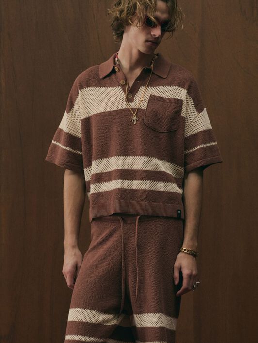 PALM ANGELS Palm Type Loose Knit Polo BROWN - KAKI PAMHX01F26KN01