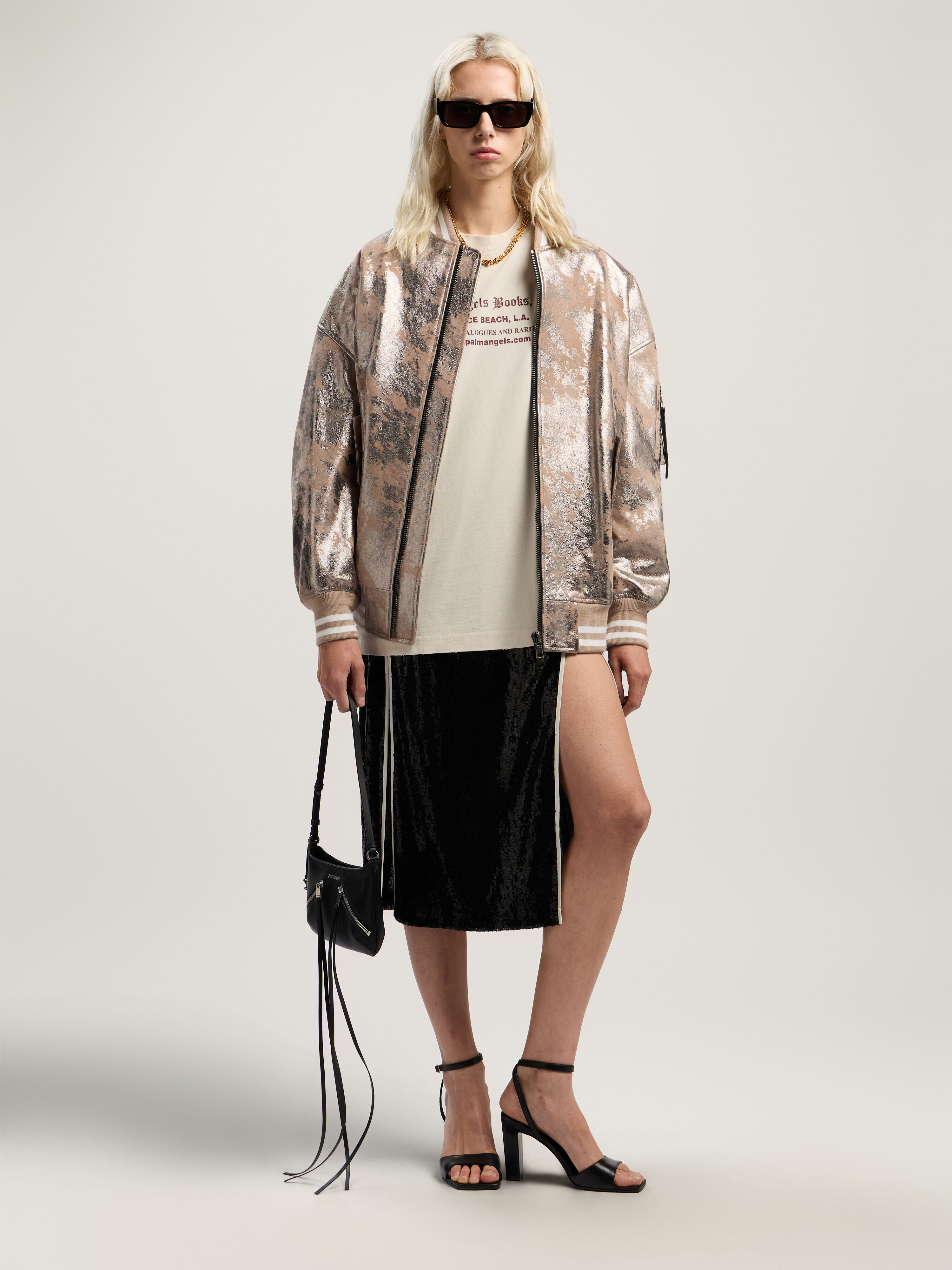 PALM ANGELS Laminated Leather Bomber Jacket NUDE - SILVER PWJA038F25LEA001