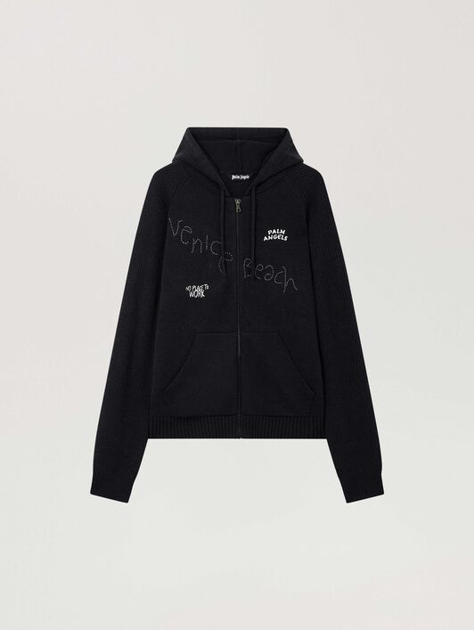PALM ANGELS Surfer Dreams Knit Zip-Up Hoodie BLACK - OFF WHITE PAMHU03F26KN01