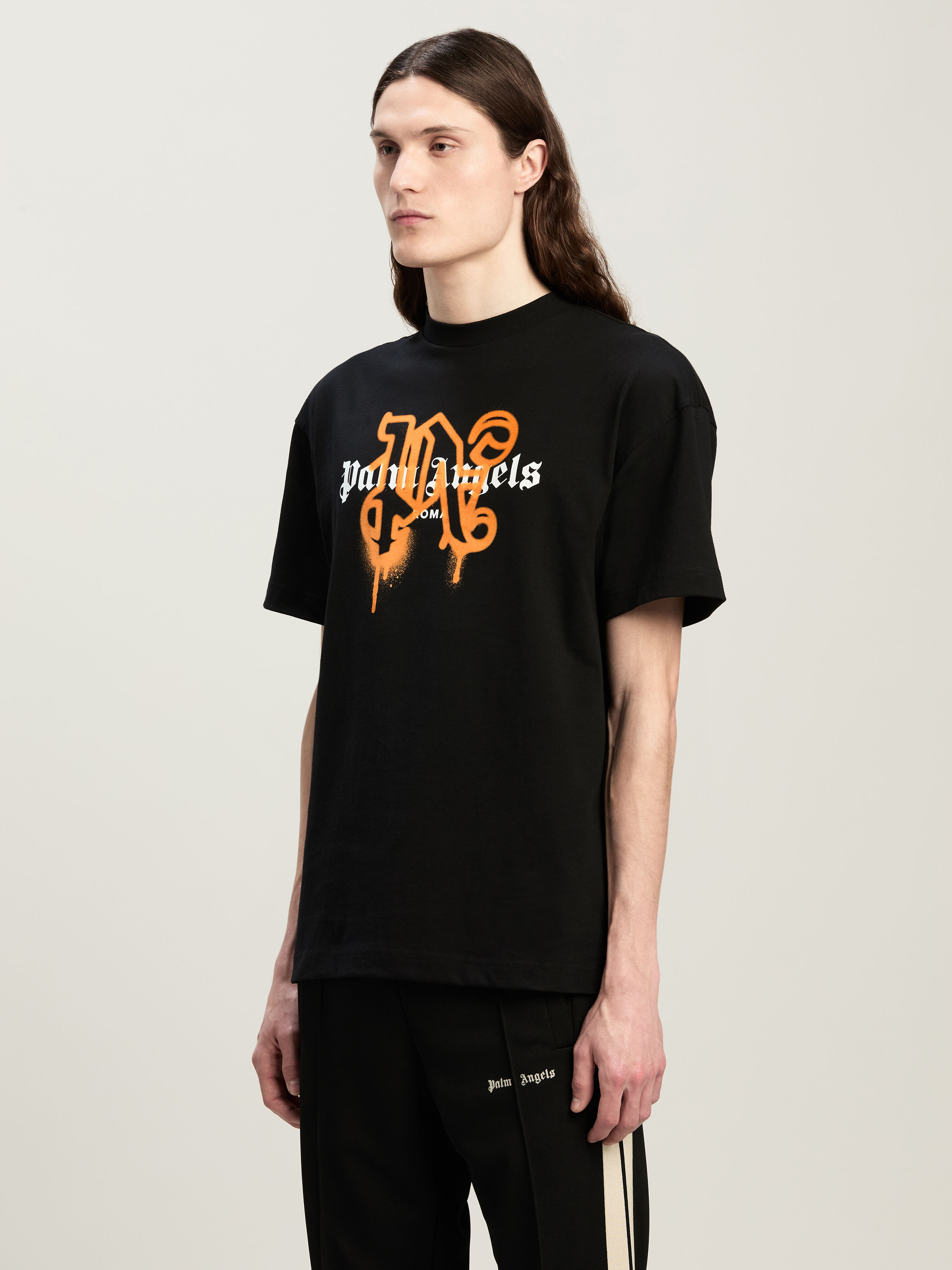PALM ANGELS Roma Monogram Spray Tee BLACK ORANGE PMAA001C99JER029