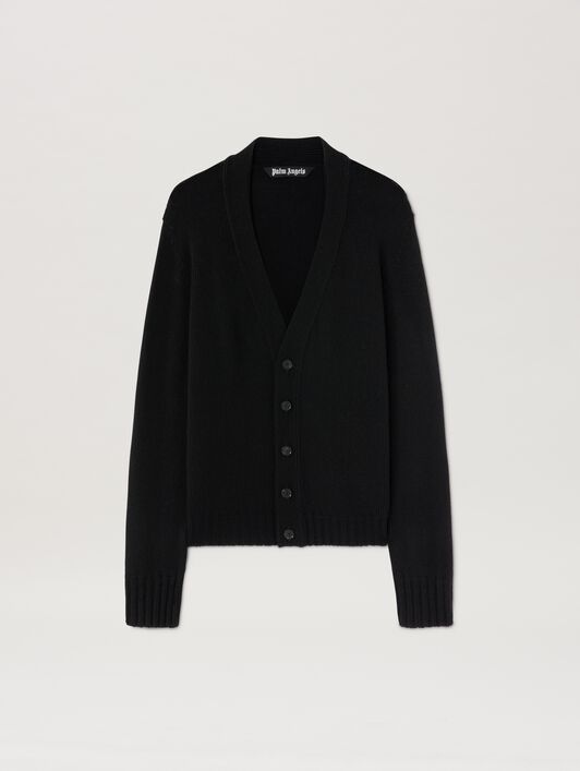 PALM ANGELS  Curved Logo knit cardigan BLACK - GREY MELANGE PMHB035S25KNI001