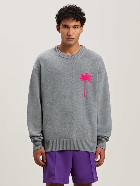 PALM ANGELS  Palm Inlay knit sweater GREY MELANGE - FUCHSIA PMHE080S25KNI001