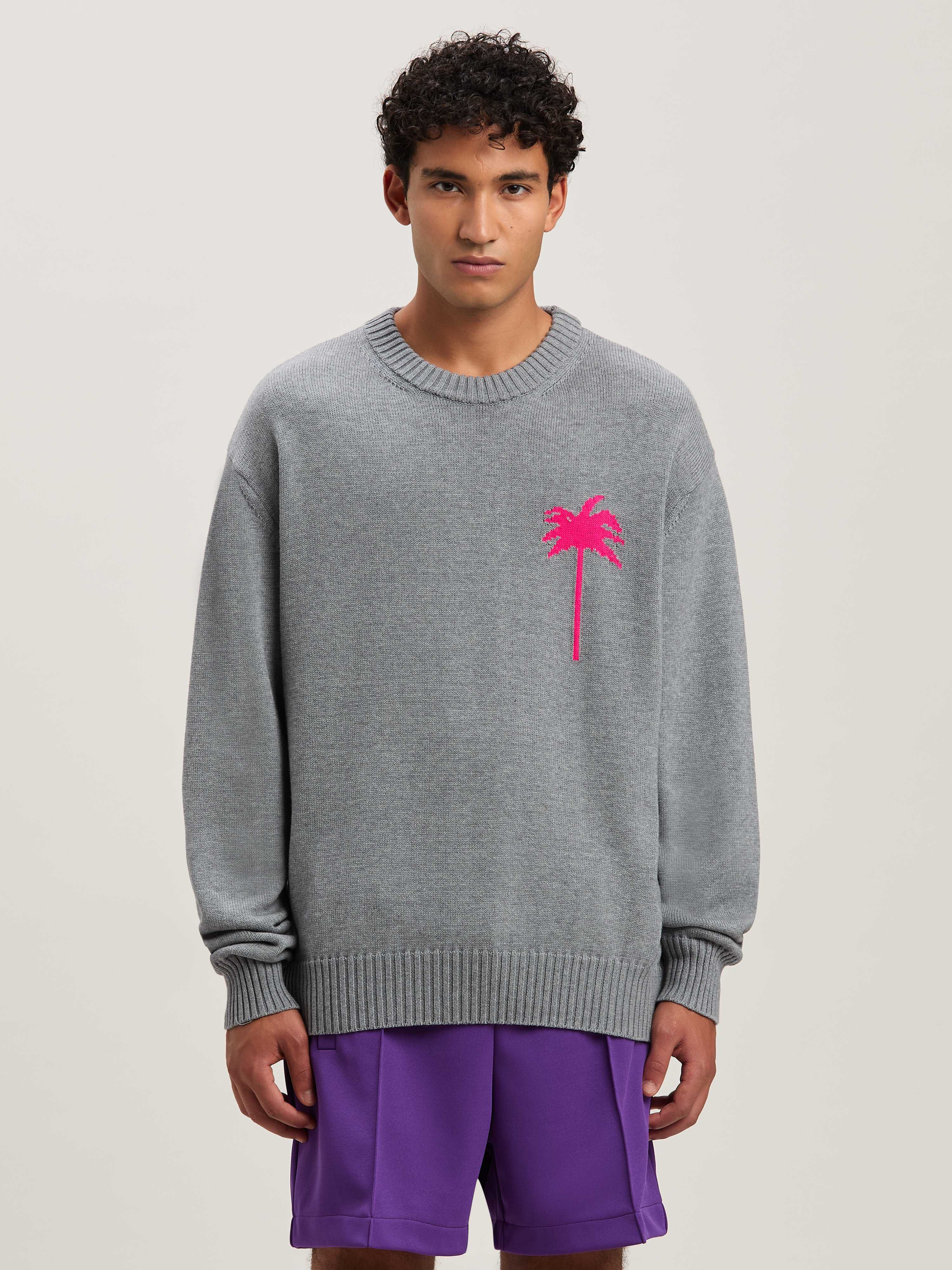 PALM ANGELS  Palm Inlay knit sweater GREY MELANGE - FUCHSIA PMHE080S25KNI001