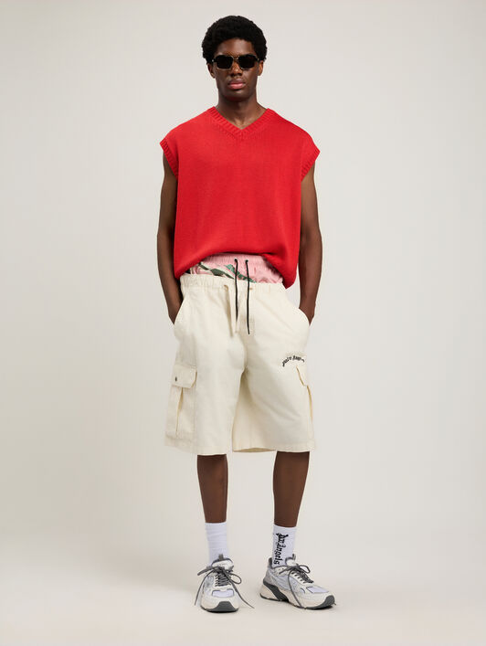 PALM ANGELS Curved Logo Loose Cargo Shorts OFF WHITE BLACK PMCS012S26FAB002